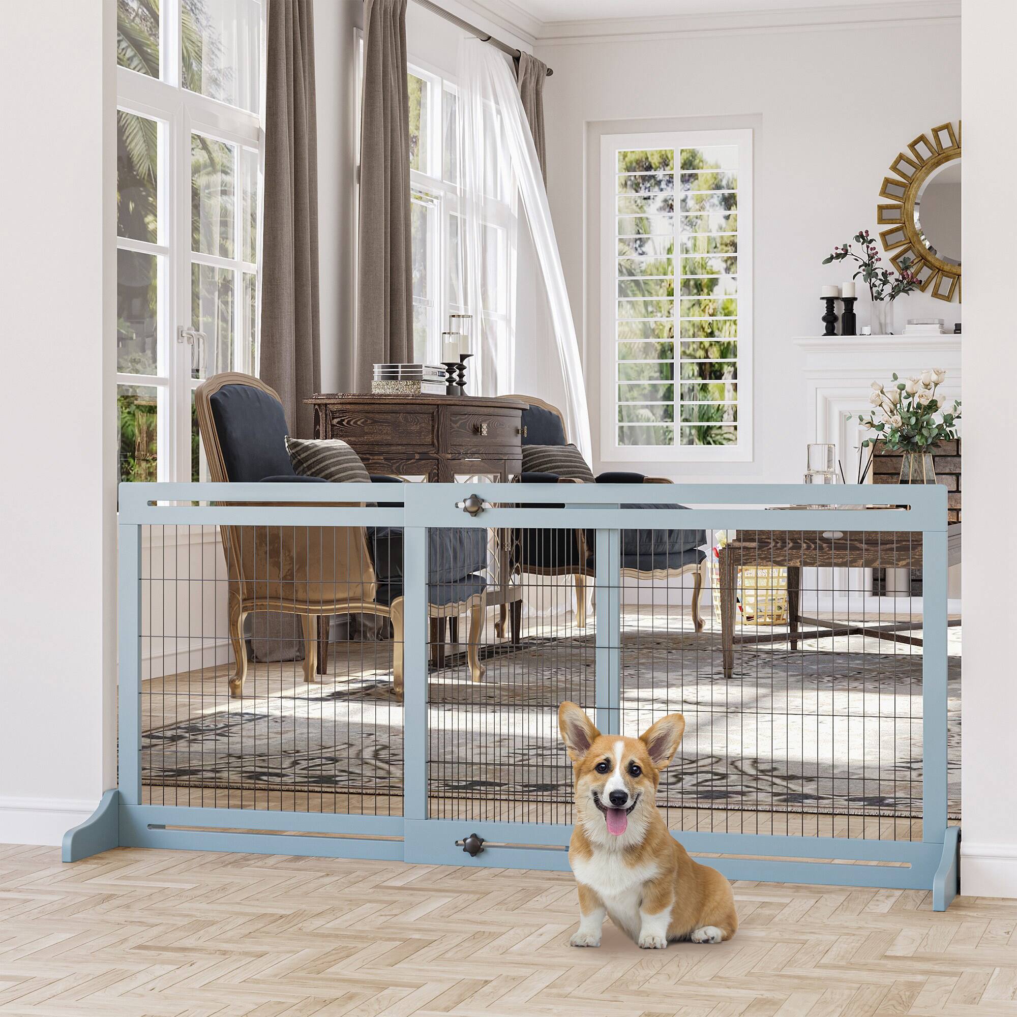 Angle. Pawhut - 72" W x 27.25" H Extra Wide Freestanding Pet Gate, Adjustable Length, Barrier for House, Doorway, Hallway.