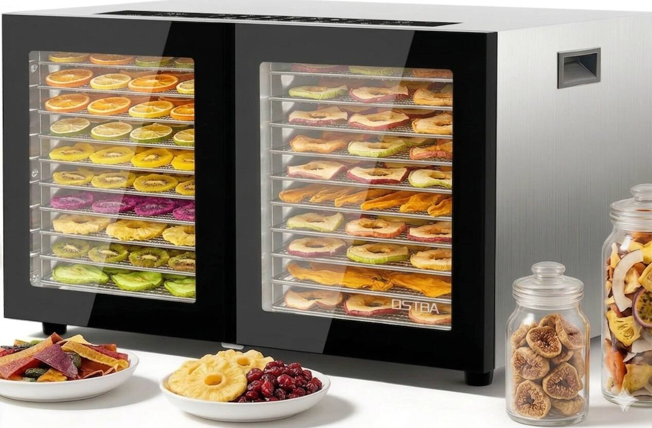 OSTBA - Dual Zone Food Dehydrator, 20 Stainless Steel Trays, 180℉ Adjustable Temp, 48H Digital Timer for Jerky, Meat, Fruit - Sliver, Black