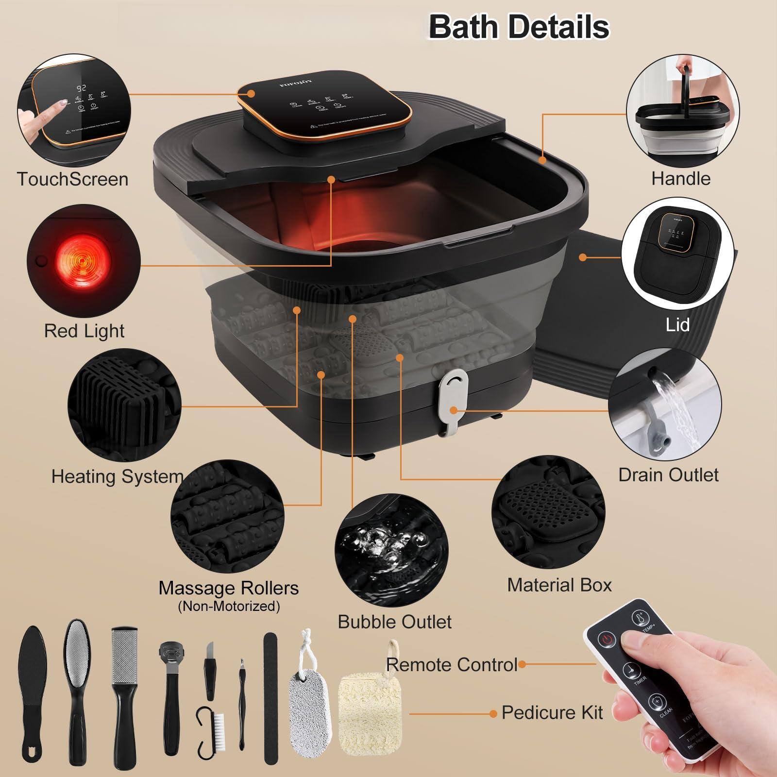 Bath Details

- TouchScreen
- Red Light
- Heating System
- Handle
- Lid
- Drain Outlet
- Material Box
- Bubble Outlet
- Massage Rollers (Non-Motorized)
- Remote Control
- Pedicure Kit