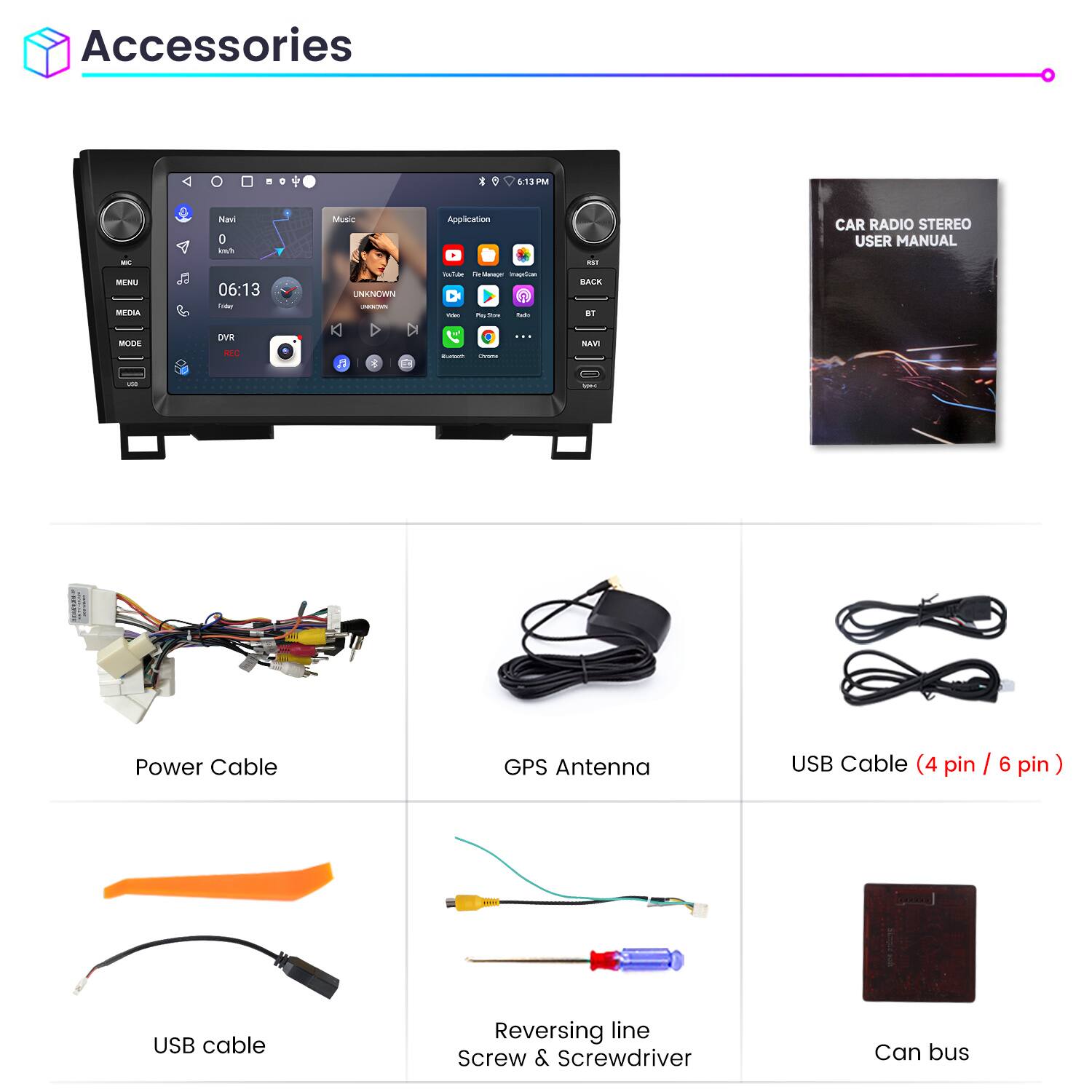 Accessories

- Power Cable
- GPS Antenna
- USB Cable (4 pin / 6 pin)
- USB Cable
- Reversing line Screw & Screwdriver
- Can bus

CAR RADIO STEREO USER MANUAL