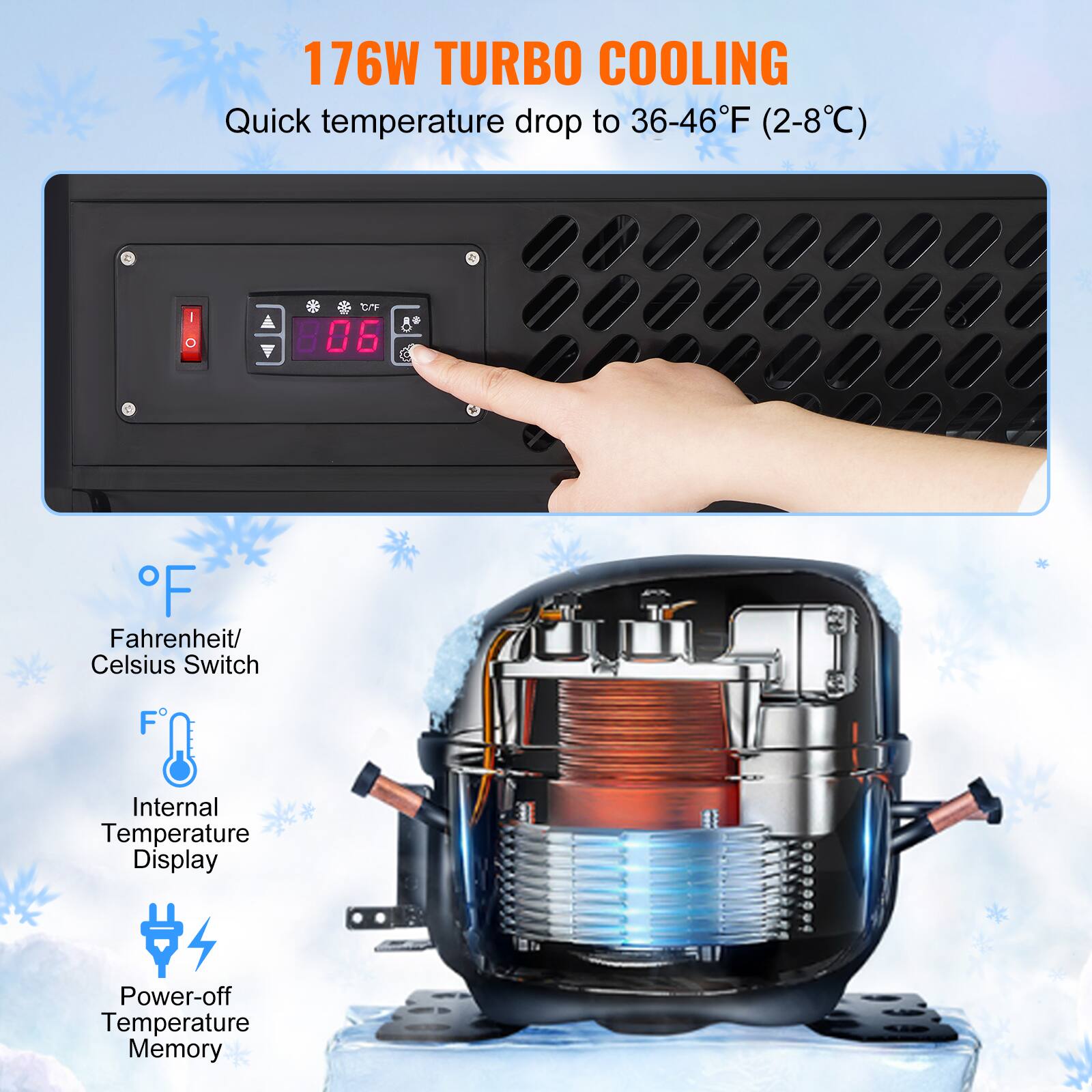176W TURBO COOLING  
Quick temperature drop to 36-46°F (2-8°C)

- Fahrenheit/Celsius Switch
- Internal Temperature Display
- Power-off Temperature Memory