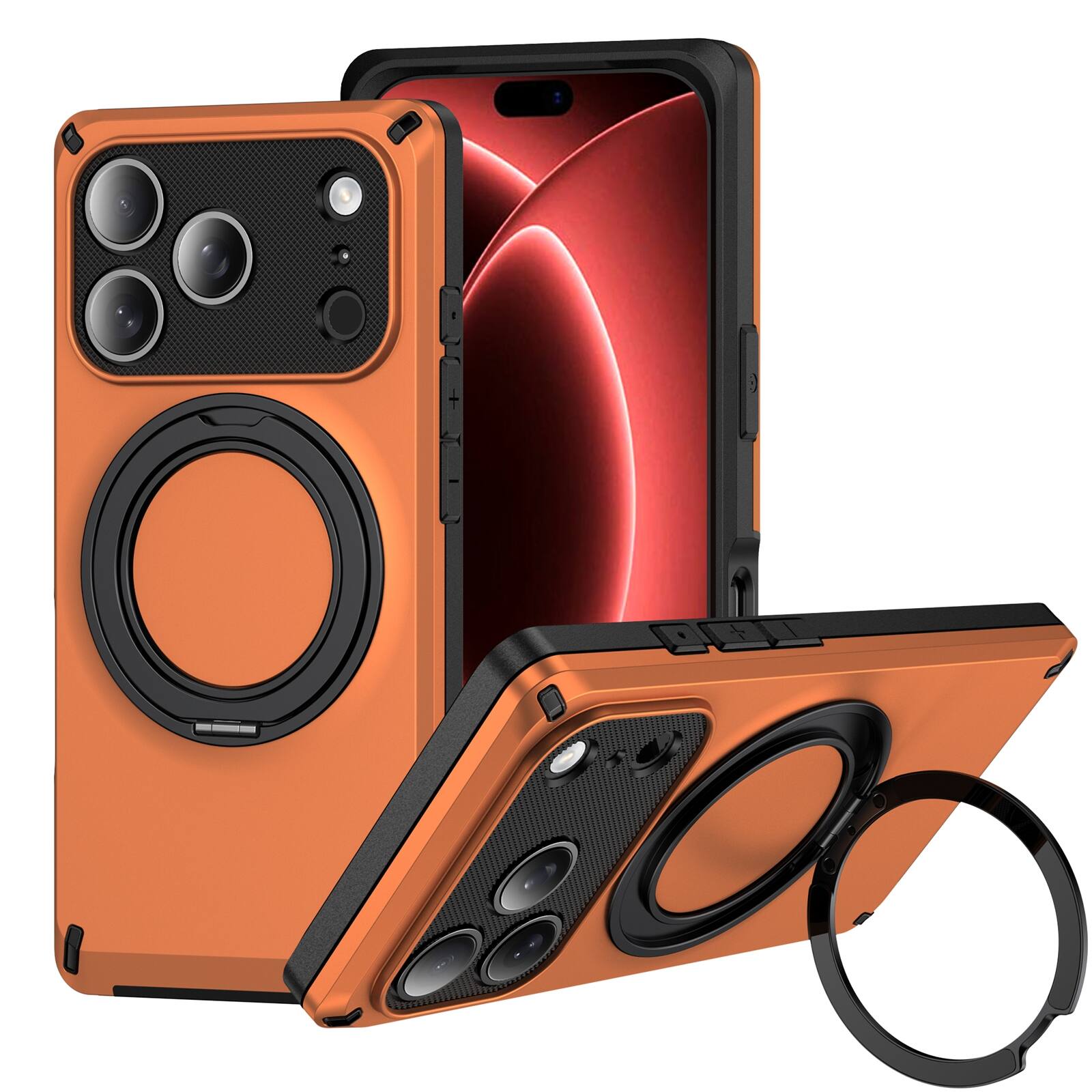 Front. UUCOVER - Magnetic Case for iPhone 17 Pro Max 360° Rotating Ring Stand Compatible with MagSafe Shockproof PC+TPU Protective Cover - Orange.