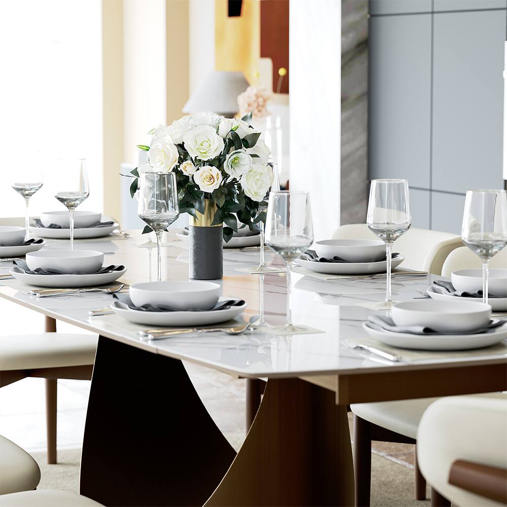 Alt View 1. POVISON - 71"-95"Extendable Modern White Dining Table for 6-10,Rectangular Glossy Sintered Stone Tabletop,Bronze Carbon Steel Leg - Glossy White Sintered Stone with Bronze.