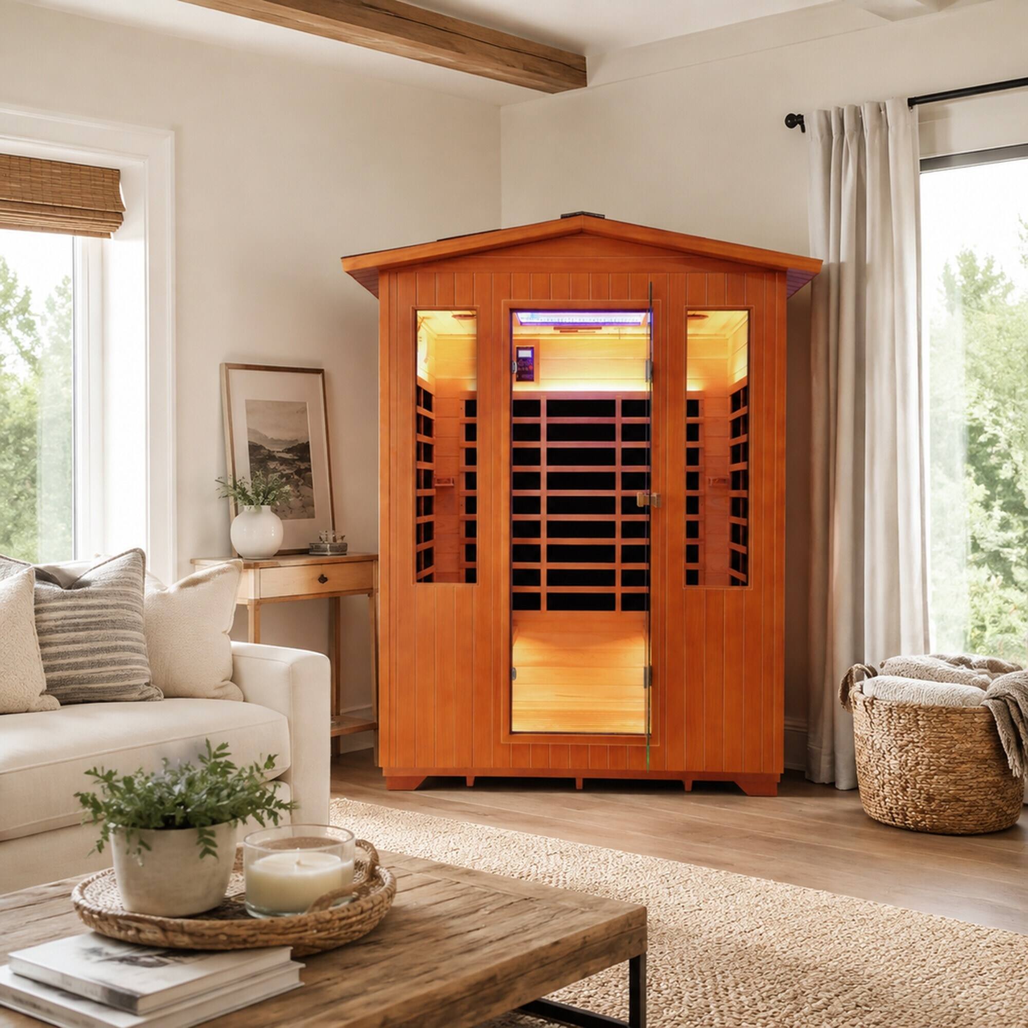 Alt View 1. RYHNUYNE - 4 Person Outdoor Sauna Room, 158 x 119 x 208 cm, Fir and Red Cedar, 2600W 11 Heating Plates, 65 Celsius - Ameican White Oak.
