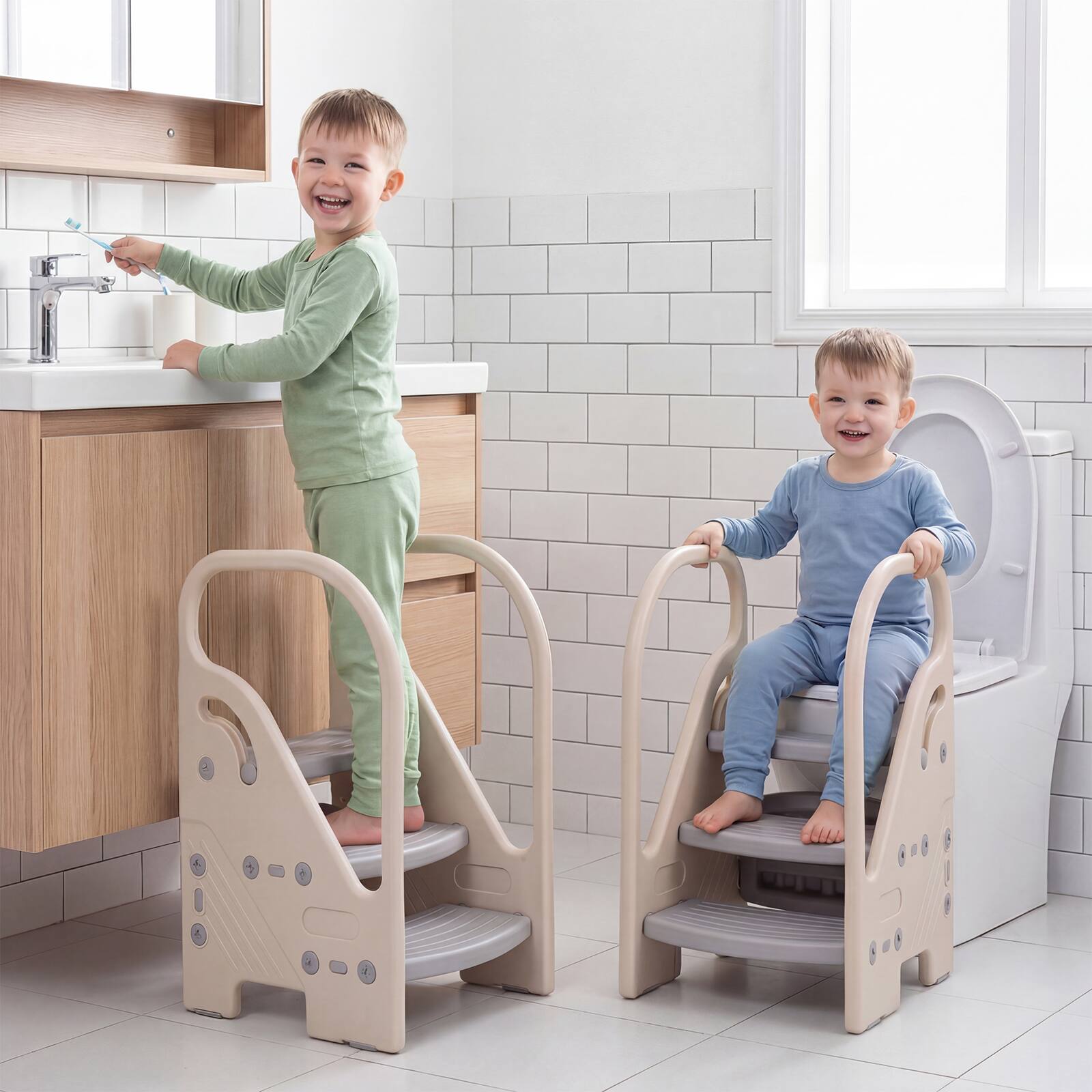 Alt View 4. Gymax - Gymax Toddler Step StoolAdjustable 3-Step Helper Stool w/ Safety Handles&Non-slip Pad - Grey.