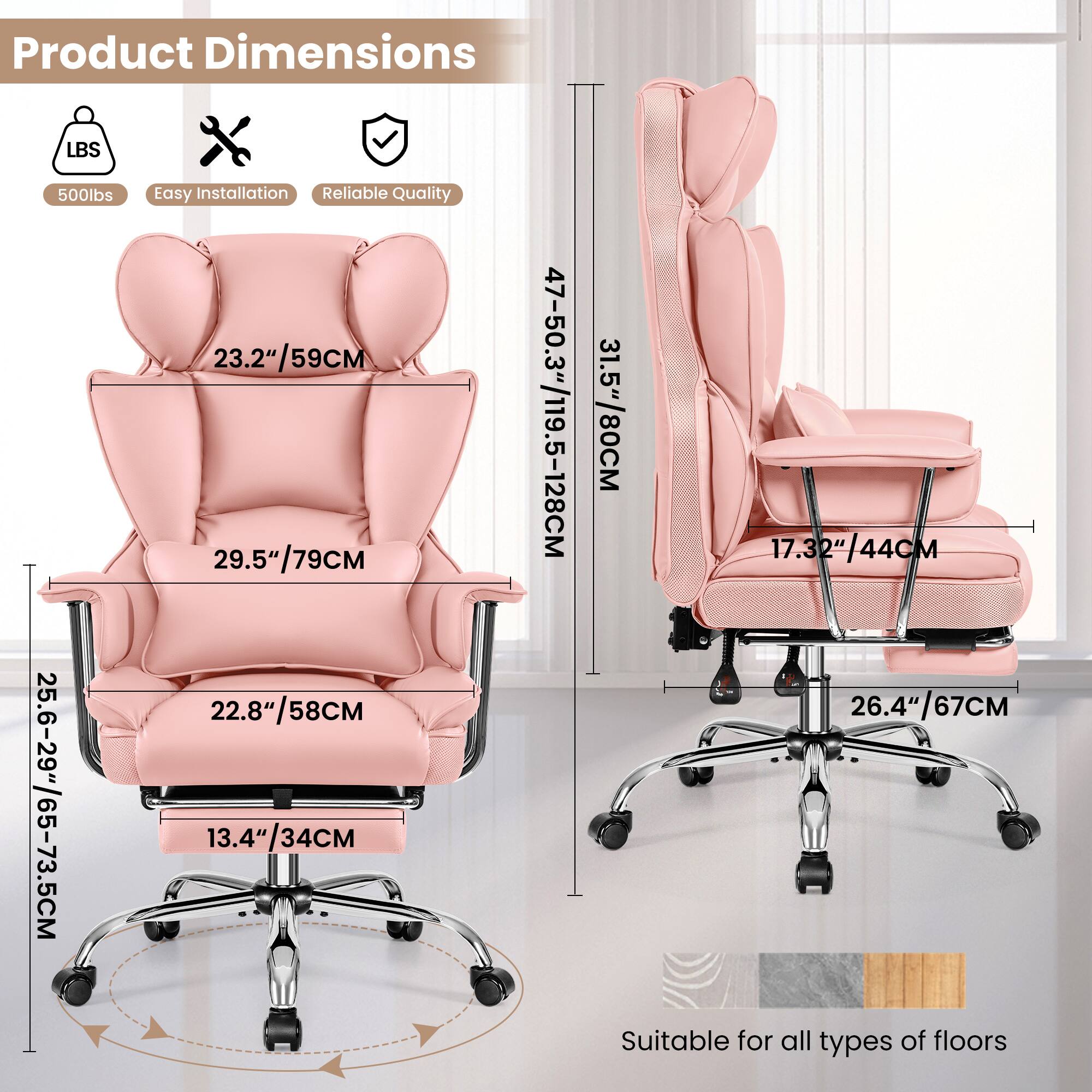 Product Dimensions  
LBS 500lbs  
Easy Installation  
Reliable Quality  

23.2"/59CM  
29.5"/79CM  
47-50.3"/119.5-128CM  
22.8"/58CM  
25.6-29"/65-73.5CM  
13.4"/34CM  
31.5"/80CM  
17.32"/44CM  
26.4"/67CM  

Suitable for all types of floors