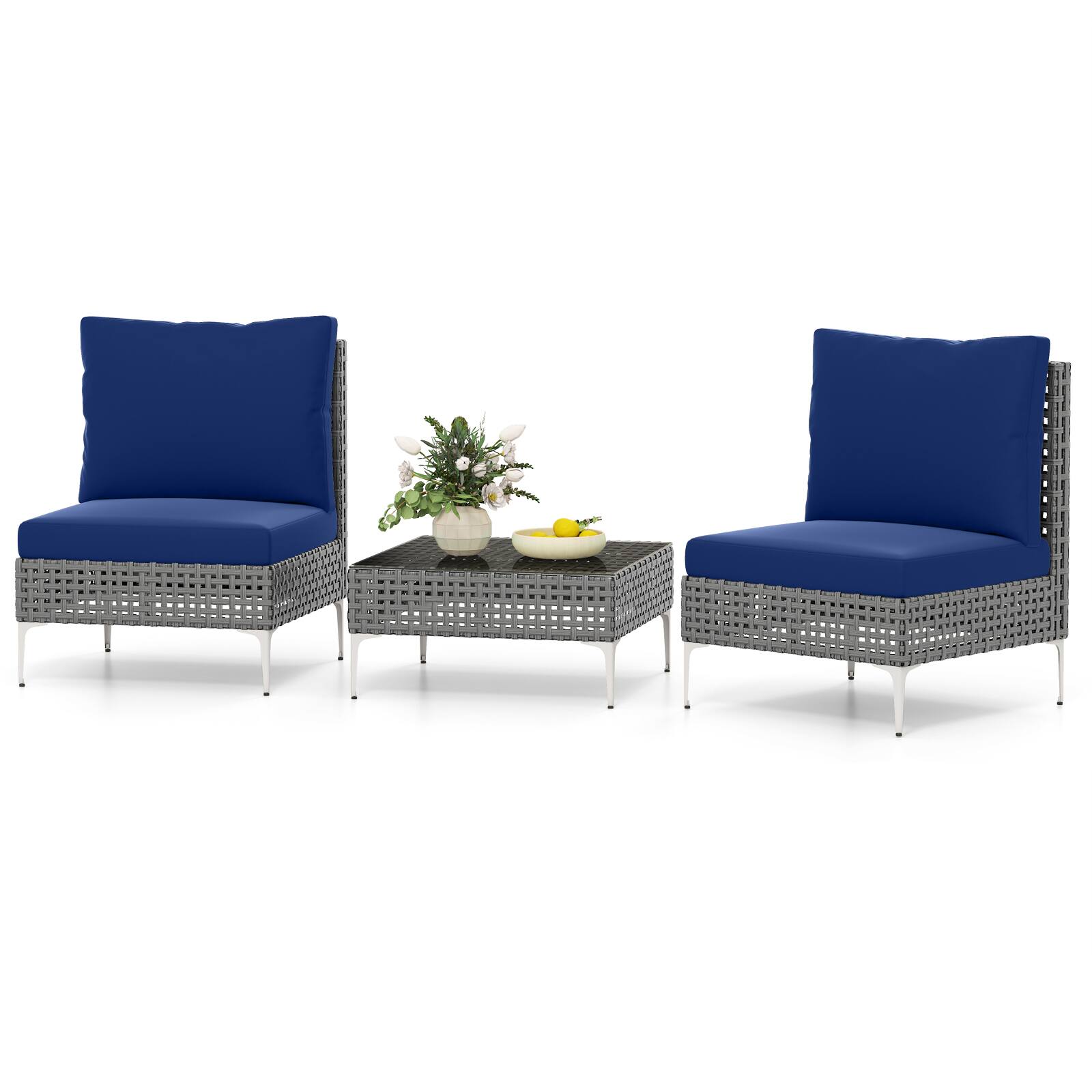 Alt View 3. Gymax - Gymax Set Of 3 Patio Furniture w/ Tempered Glass Coffee Table Soft Back & Seat Cushions - Gray, Blue.