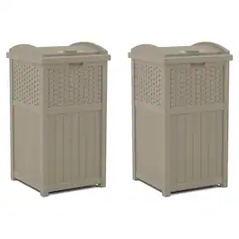 Suncast - Wicker Plastic Hideaway Trash Can with Latching Lid, Dark Taupe (2 Pack) - Gray