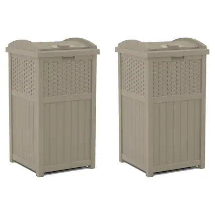 Front. Suncast - Suncast Wicker Plastic Hideaway Trash Can with Latching Lid, Dark Taupe (2 Pack) - Grey.