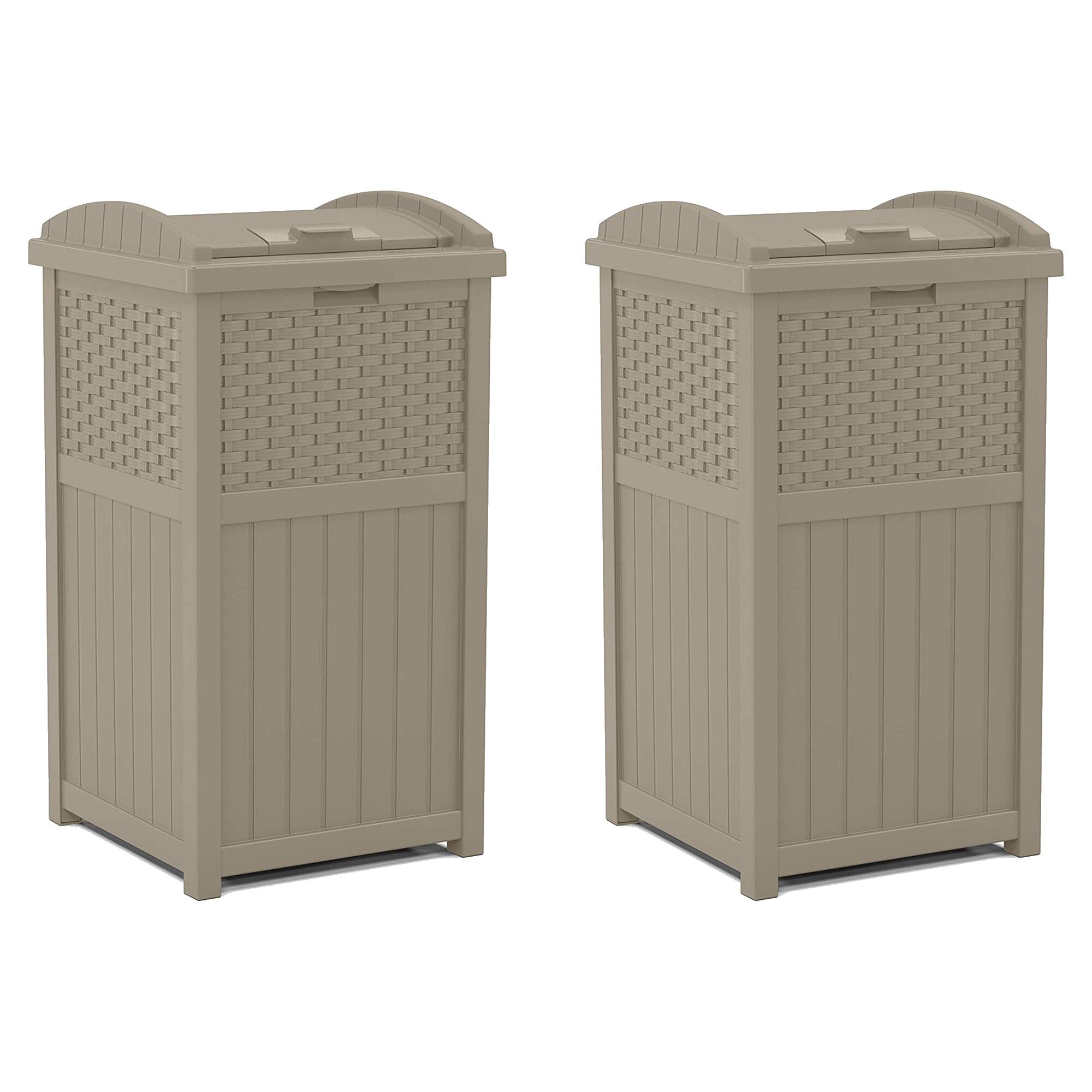 Front. Suncast - Suncast Wicker Plastic Hideaway Trash Can with Latching Lid, Dark Taupe (2 Pack) - Grey.