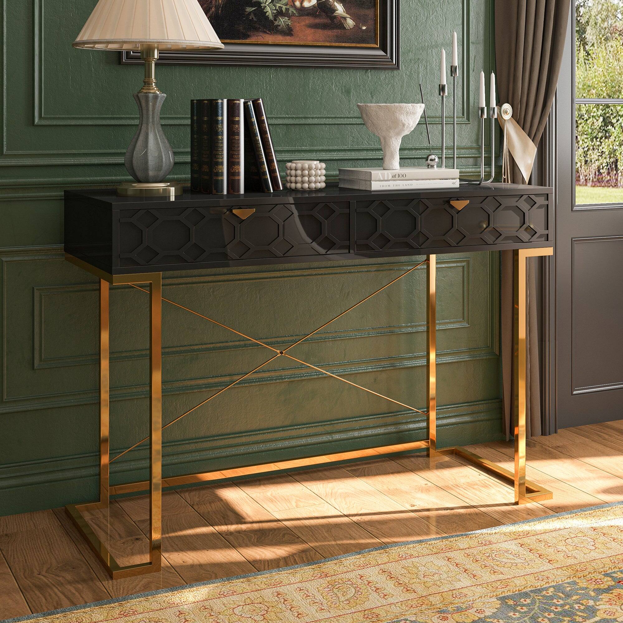 Alt View 8. Boyel Living - 42 in. Rectangular Black Wood End Table Writing Desk with Metal Stand - Black.