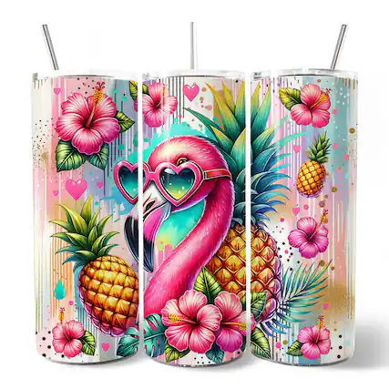 Front. OrnamentallyYou - Tropical Flamingo Pineapple Hibiscus 20oz Tumbler With Lid and Stainless Steel Straw - Multicolored.