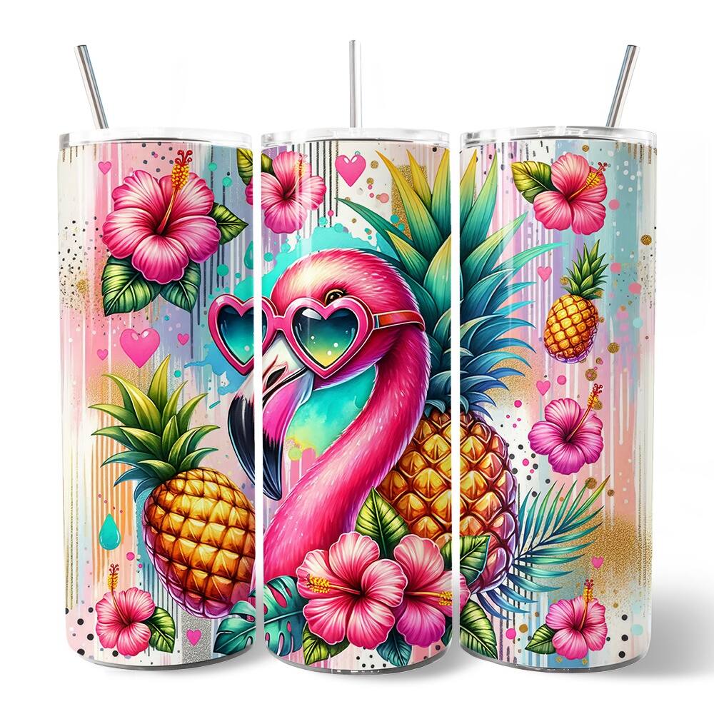 Front. OrnamentallyYou - Tropical Flamingo Pineapple Hibiscus 20oz Tumbler With Lid and Stainless Steel Straw - Multicolored.