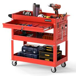 Costway - 3 Tier Rolling Tool Cart with Lockable Drawer, Pegboards & Hooks for Garage - Red