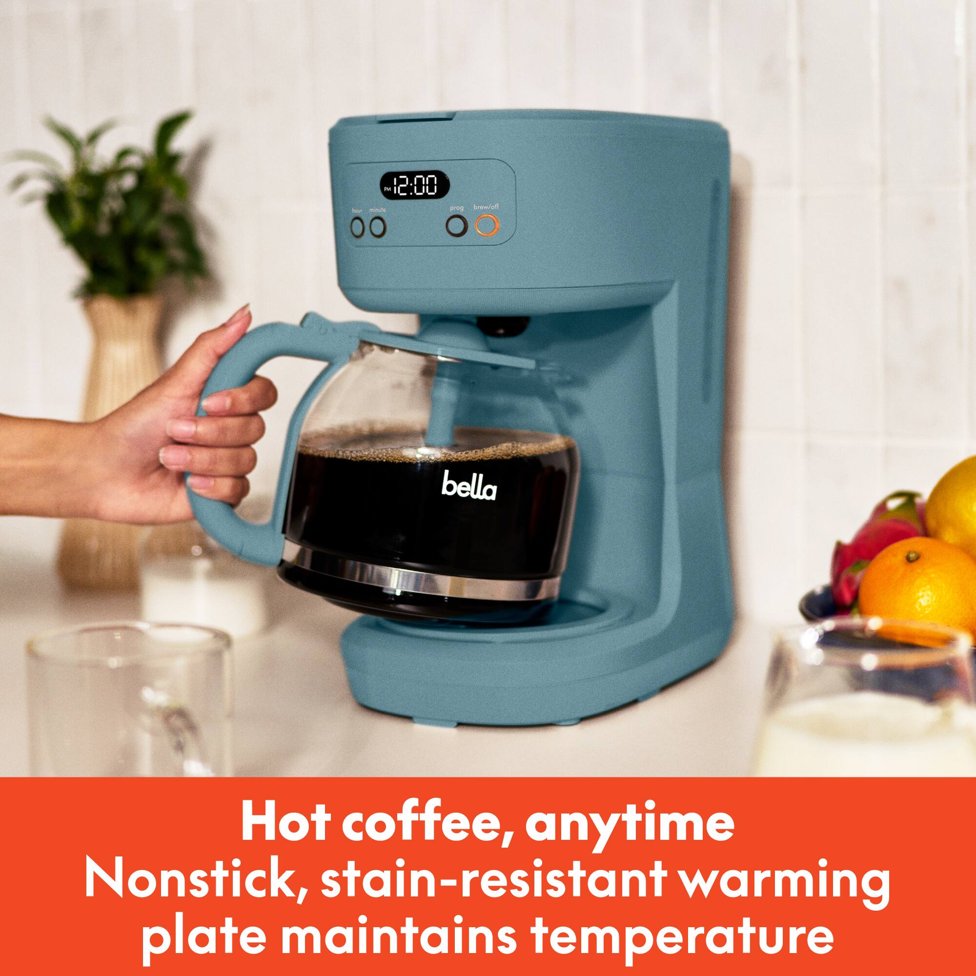 - 12:00
- E Neuru
- 00
- O bella
- Hot coffee, anytime
- Nonstick, stain-resistant warming plate maintains temperature