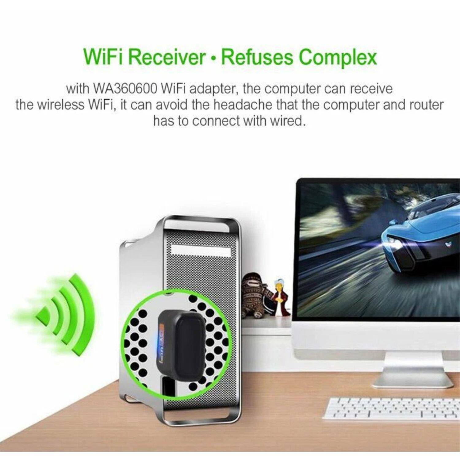 WiFi Receiver • Refuses Complex

with WA360600 WiFi adapter, the computer can receive the wireless WiFi, it can avoid the headache that the computer and router has to connect with wired.