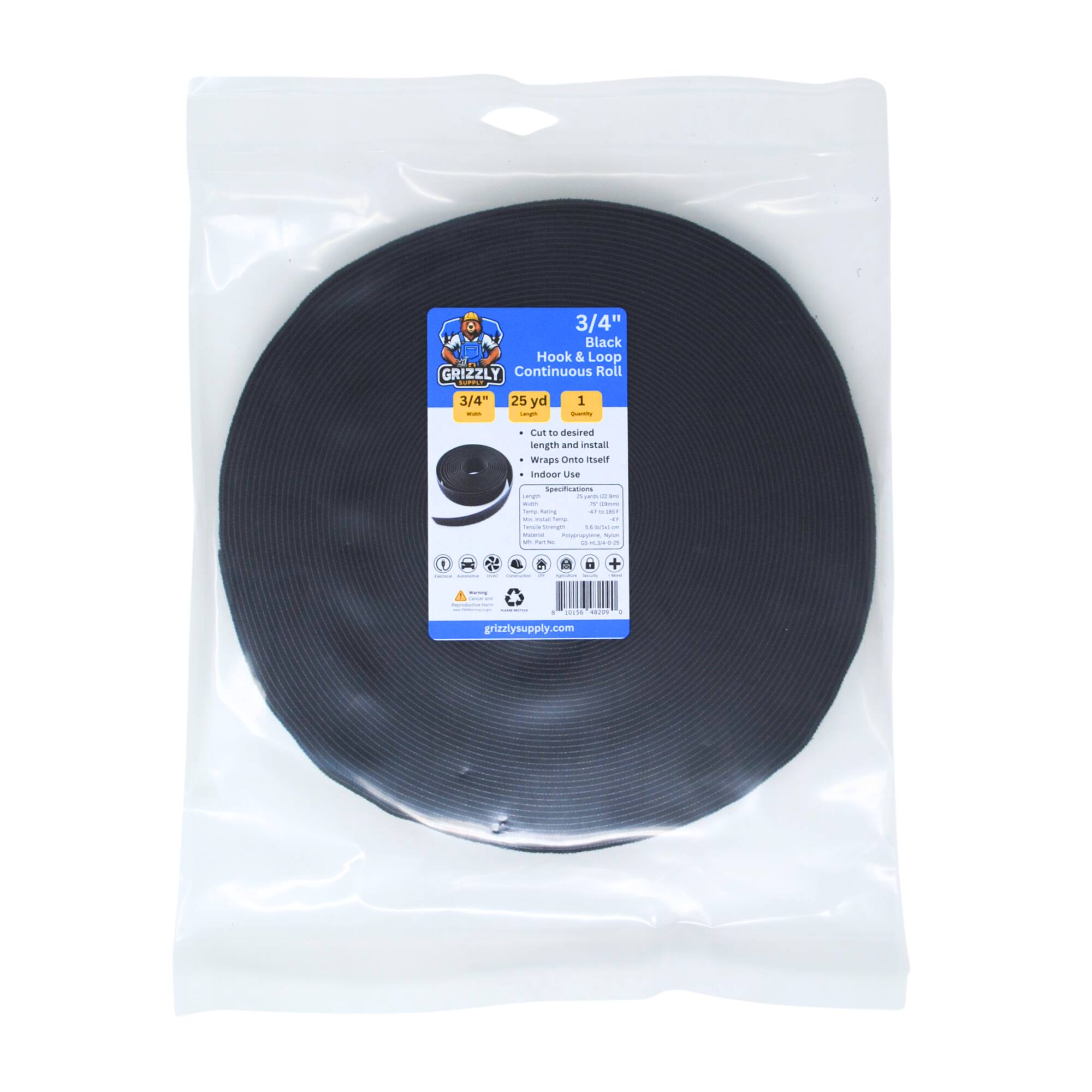 3/4" Black Hook & Loop GRIZZLY Continuous Roll 3/4" 25 yd Cut to desired length and install Wrap around door Use Self Saccdiatans - I - - - - i - - - - - - I - I - - - - - - .. - | | a +  - grizzlysupply.com .