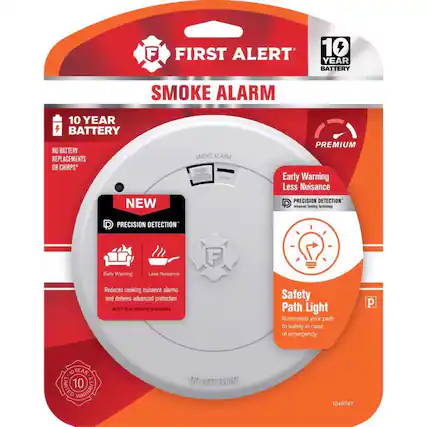 **FIRST ALERT**
**SMOKE ALARM**
- **10 YEAR BATTERY**
- NO BATTERY REPLACEMENTS OR CHIRPS*
- **NEW**
- PRECISION DETECTION™
- Early Warning
- Less Nuisance
- Reduces cooking nuisance alarms and delivers advanced protection
- MEETS NEW INDUSTRY STANDARDS
- **PREMIUM**
- Early Warning Less Nuisance
- PRECISION DETECTION™
- Advanced Sensing Technology
- **Safety Path Light**
- Illuminates your path to safety in case of emergency.
- **10 YEAR LIMITED WARRANTY**
- **DO NOT PAINT**
- **1046747**