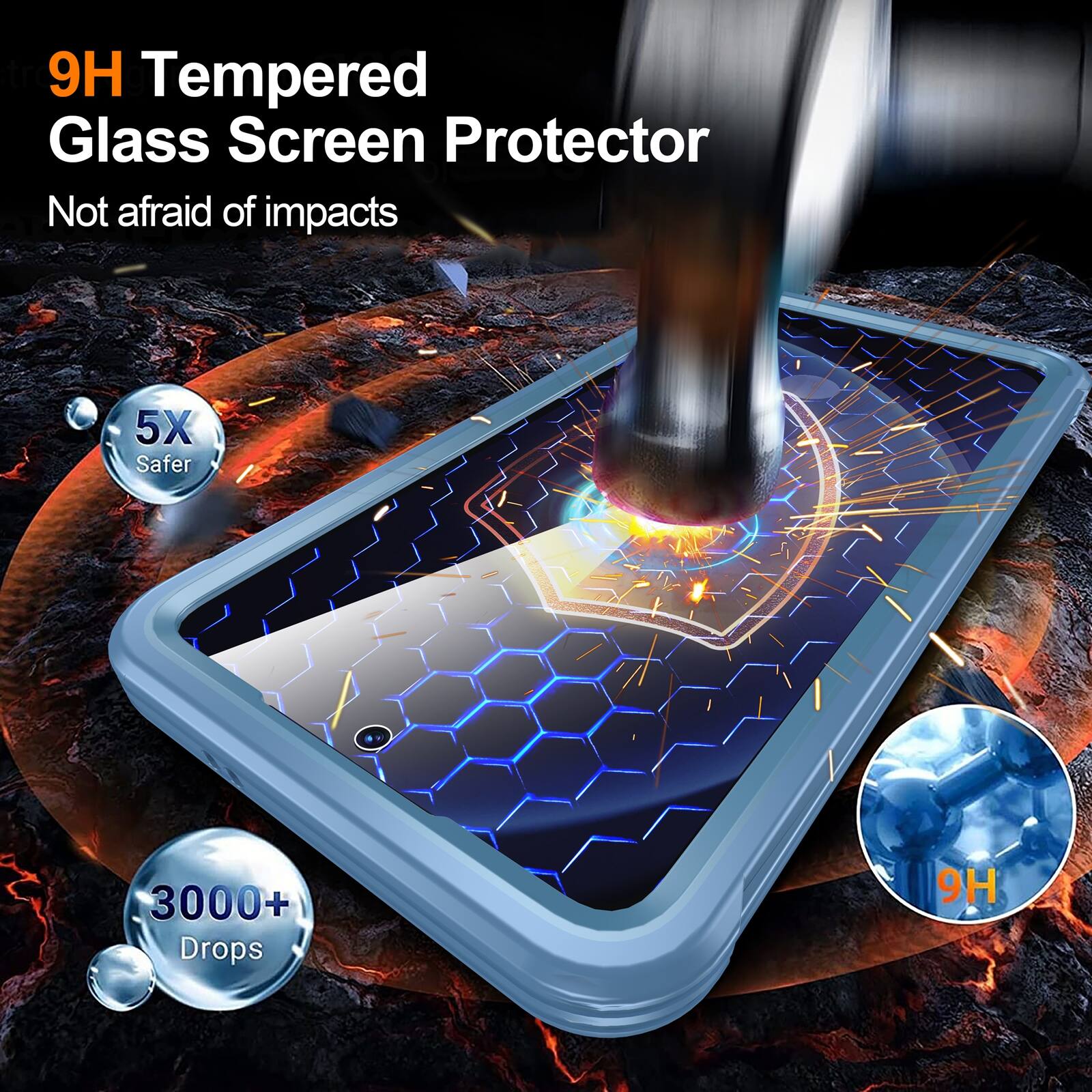9H Tempered Glass Screen Protector  
Not afraid of impacts  
5X Safer  
3000+ Drops  
9H