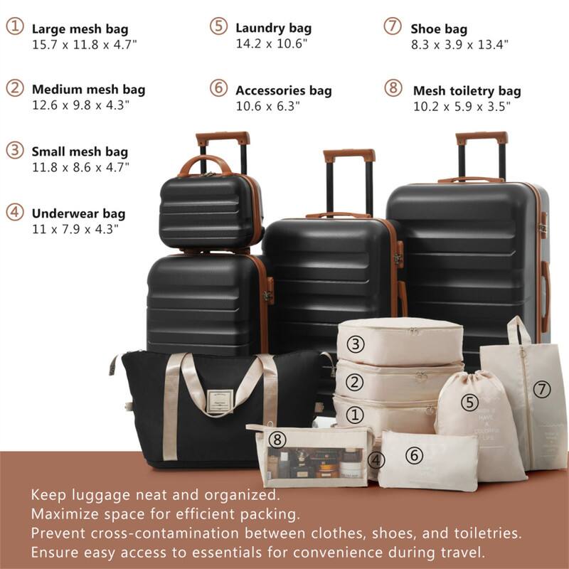 1. Large mesh bag  
   15.7 x 11.8 x 4.7"

2. Medium mesh bag  
   12.6 x 9.8 x 4.3"

3. Small mesh bag  
   11.8 x 8.6 x 4.7"

4. Underwear bag  
   11 x 7.9 x 4.3"

5. Laundry bag  
   14.2 x 10.6"

6. Accessories bag  
   10.6 x 6.3"

7. Shoe bag  
   8.3 x 3.9 x 13.4"

8. Mesh toiletry bag  
   10.2 x 5.9 x 3.5"

Keep luggage neat and organized.  
Maximize space for efficient packing.  
Prevent cross-contamination between clothes, shoes, and toiletries.  
Ensure easy access to essentials for convenience during travel.