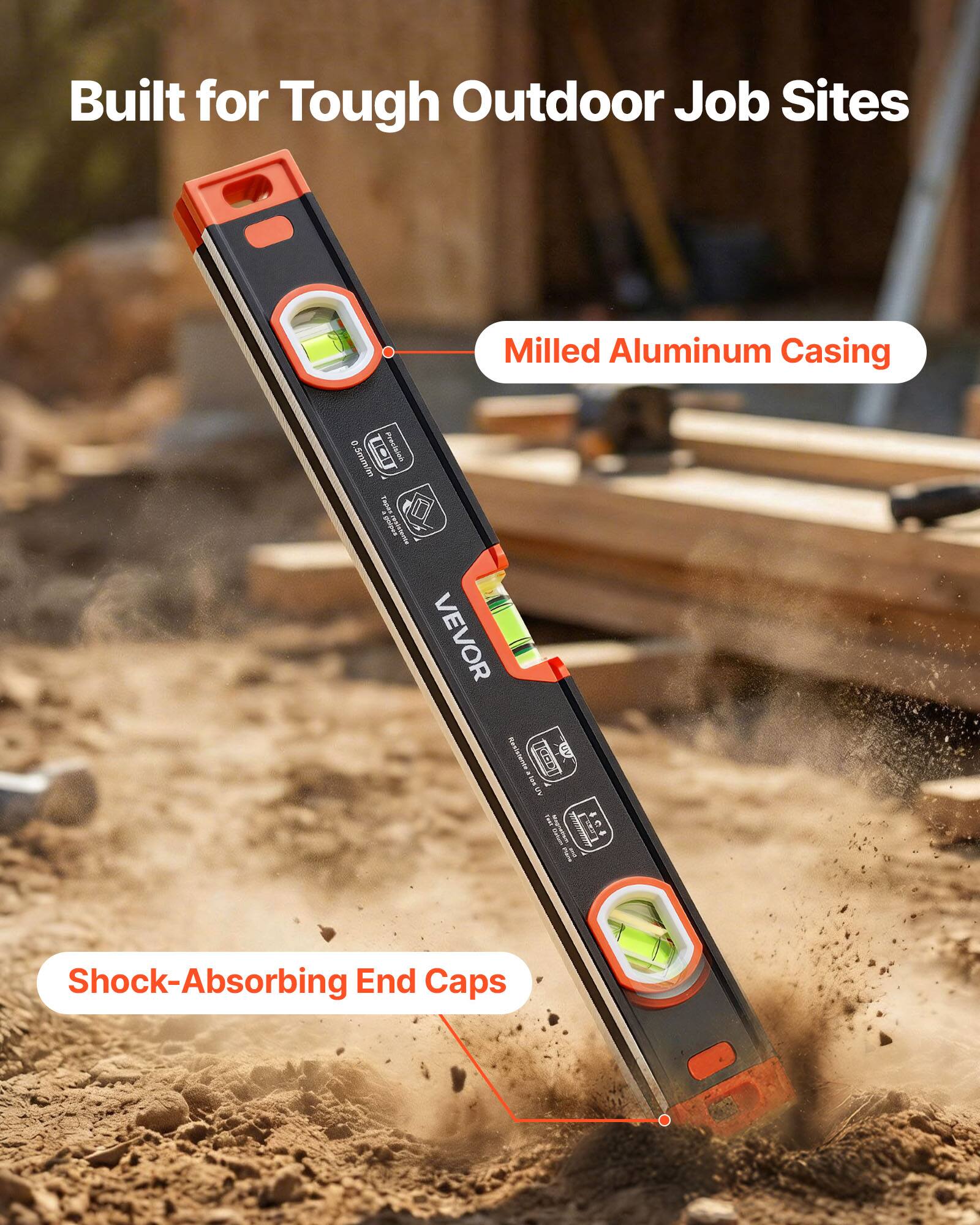 Built for Tough Outdoor Job Sites  
Milled Aluminum Casing  
Shock-Absorbing End Caps