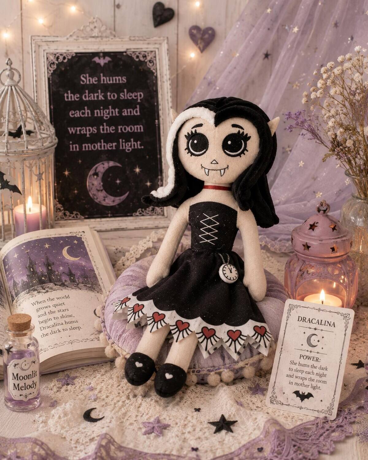 She hums the dark to sleep each night and wraps the room in mother light.

When the world grows quiet, the stars begin to shine, and Dracalina hums the dark to sleep.

DRACALINA

POWER: She hums the dark to sleep each night and wraps the room in mother light.