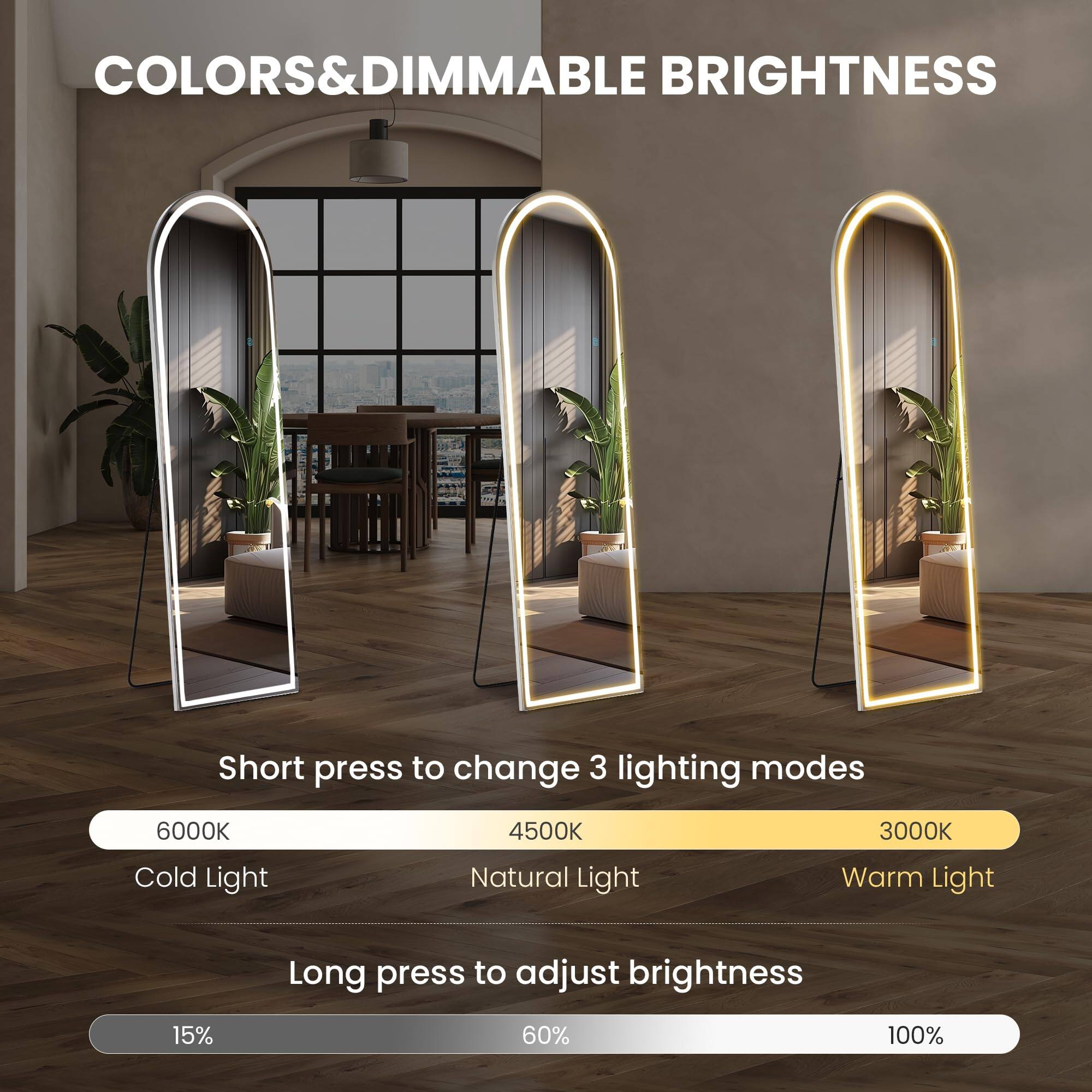 COLORS & DIMMABLE BRIGHTNESS

Short press to change 3 lighting modes
- 6000K Cold Light
- 4500K Natural Light
- 3000K Warm Light

Long press to adjust brightness
- 15%
- 60%
- 100%