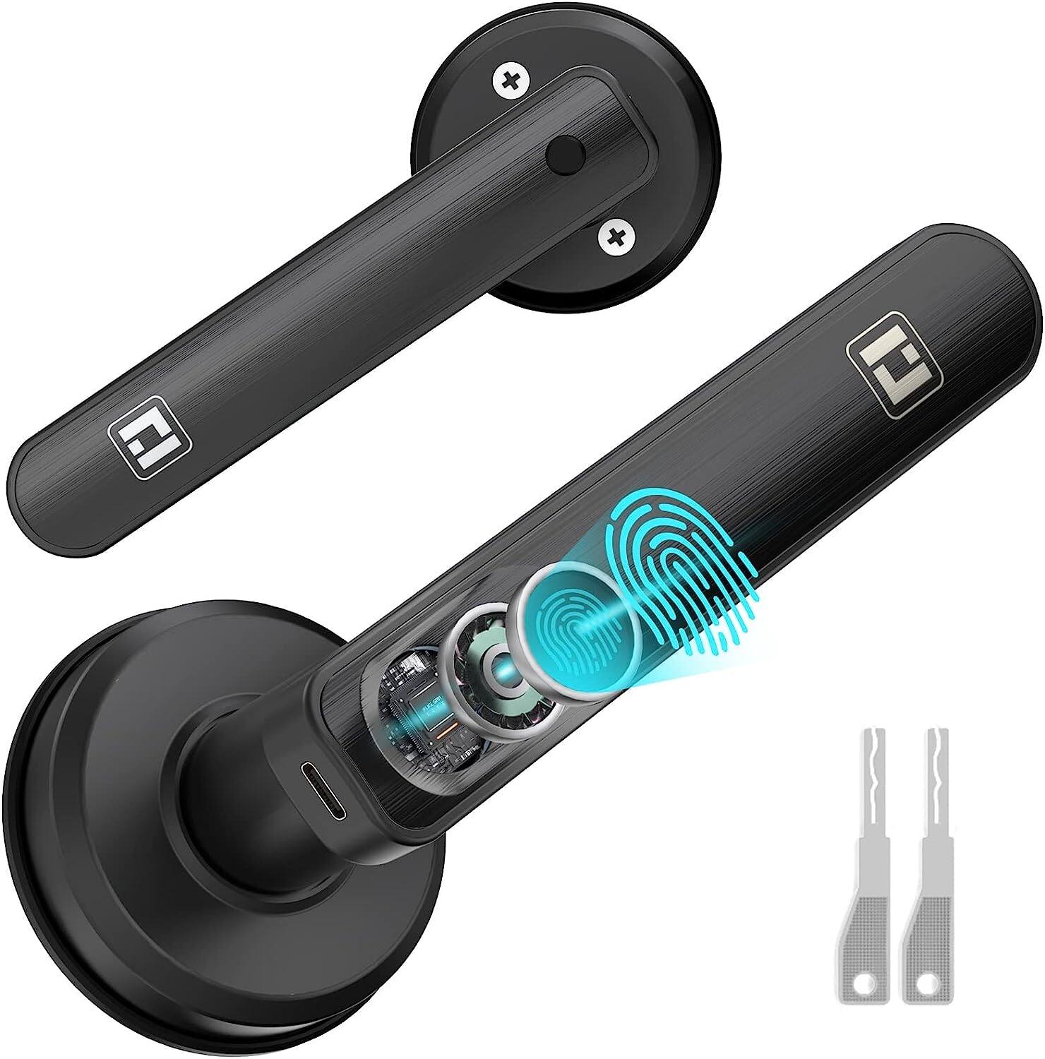 Front. Wrightmaster - 2-in-1 Aluminum Smart Handle Lock with Fingerprint & Key - Black.