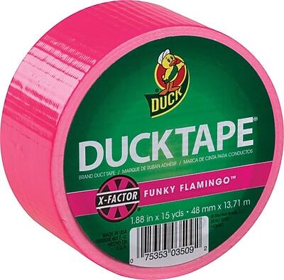 DUCKTAPE  
BRAND DUCT TAPE / MARQUE DE RUBAN ADHESIF / MARCA DE CINTA PARA CONDUCTOS  

FUNKY FLAMINGO™  
X-FACTOR  

1.88 in x 15 yds / 48 mm x 13.71 m  

MADE IN USA  
FABRIQUE EN EUA  

75353 03509