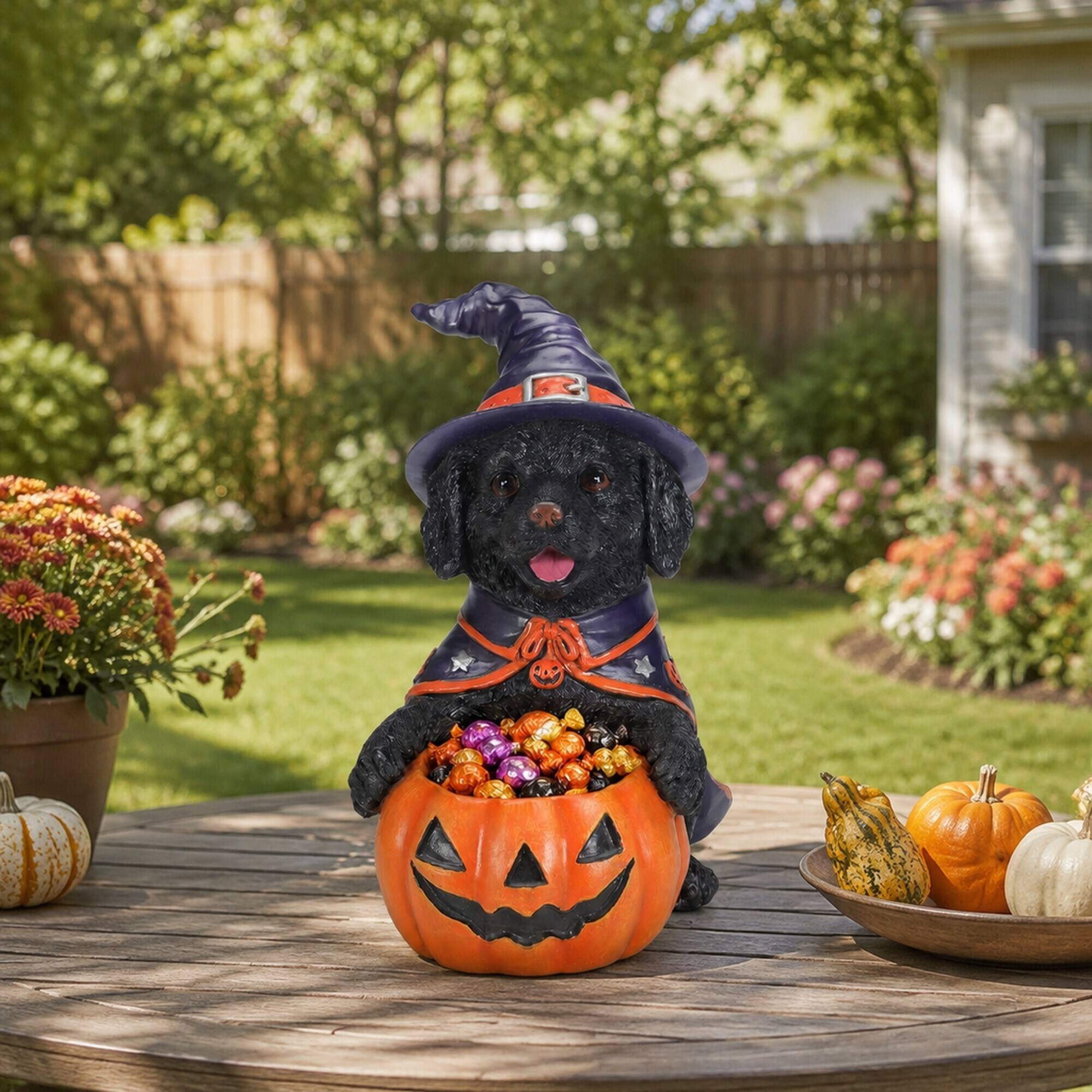 Alt View 2. RYHNUYNE - Halloween Black Labrador Witch Puppy Figurine with Pumpkin Candy Bowl, Resin Dog Decor for Shelf, Mantel - Red.