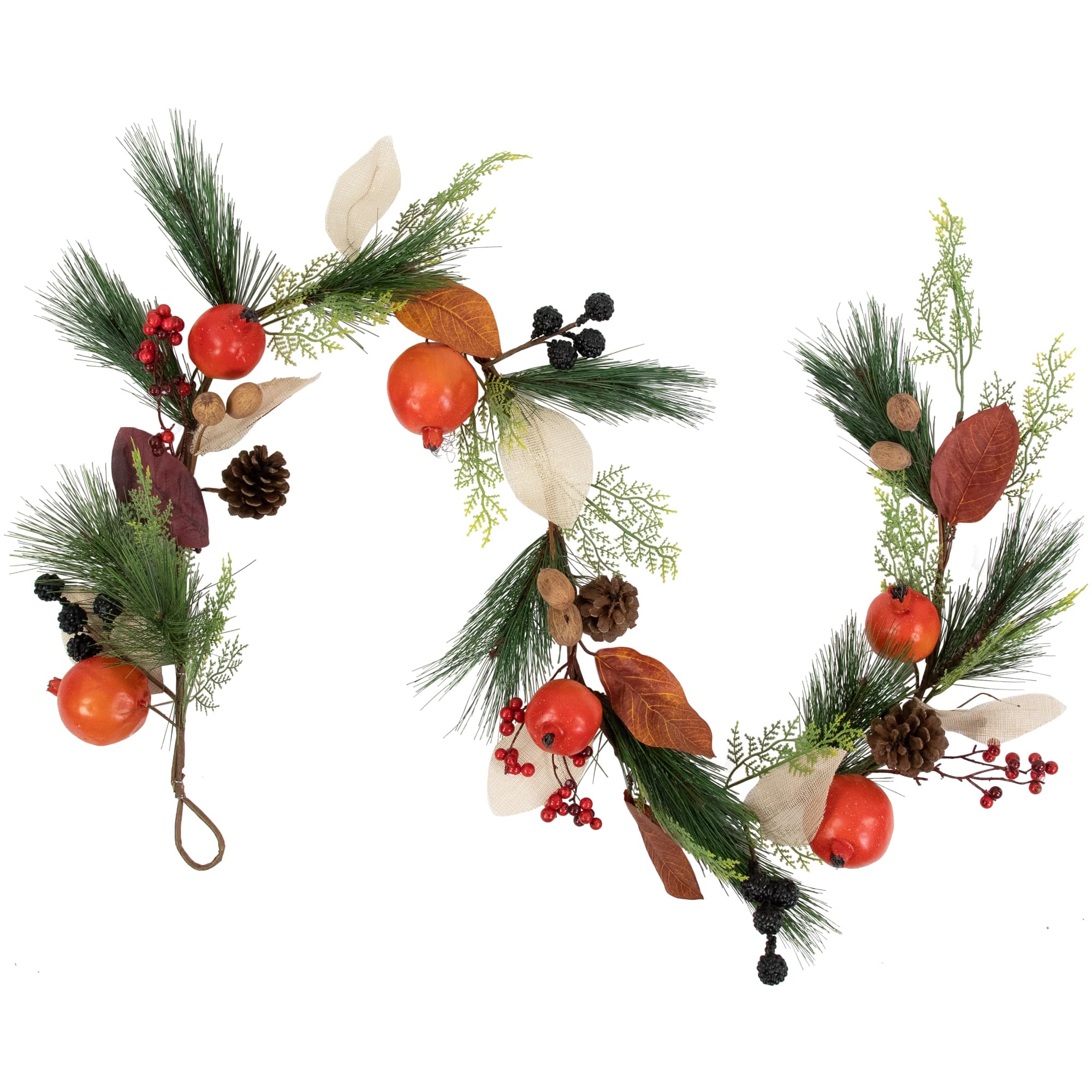 Northlight - Mixed Berry, Leaves and Pomegranate Fall Harvest Garland - 6' x 10" - Green and Orange - Red