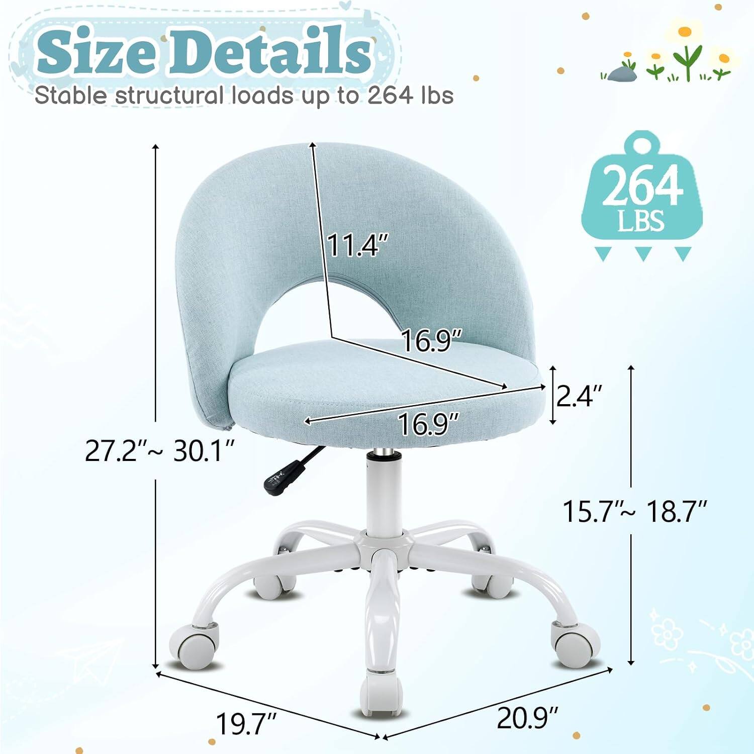 Size Details  
Stable structural loads up to 264 lbs  
11.4"  
264 LBS  
16.9"  
27.2" ~ 30.1"  
16.9"  
2.4"  
15.7" ~ 18.7"  
19.7"  
20.9"