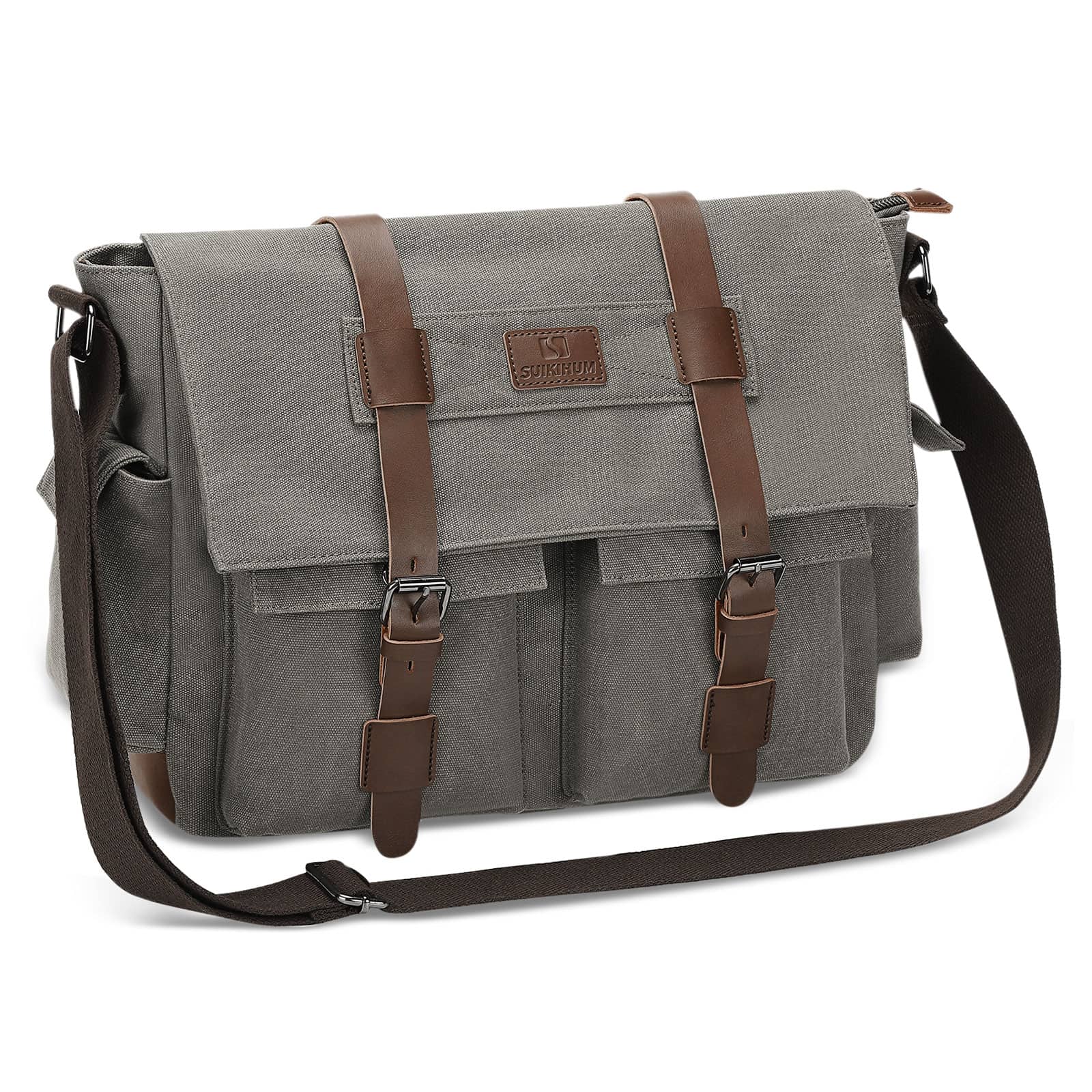Unique Bargains - Canvas Crossbody Bag for Men and Women, Vintage Shoulder Bag, Multiple Pockets, Fits 13" Laptops - Gray