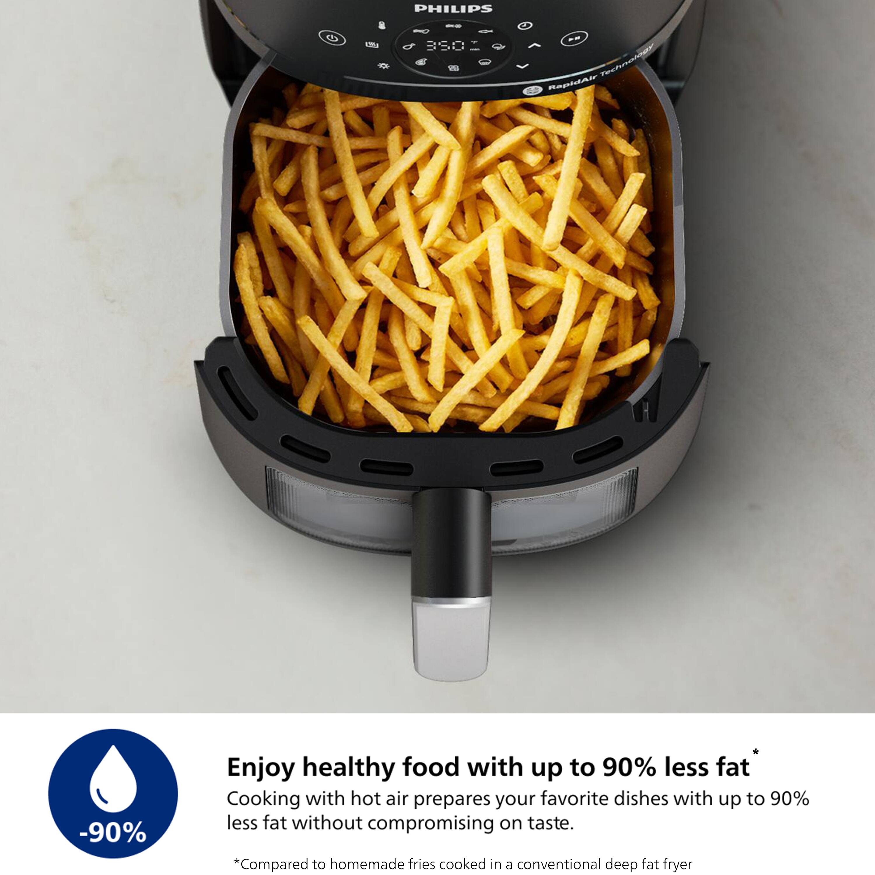 PHILIPS

Enjoy healthy food with up to 90% less fat
Cooking with hot air prepares your favorite dishes with up to 90% less fat without compromising on taste.

*Compared to homemade fries cooked in a conventional deep fat fryer
