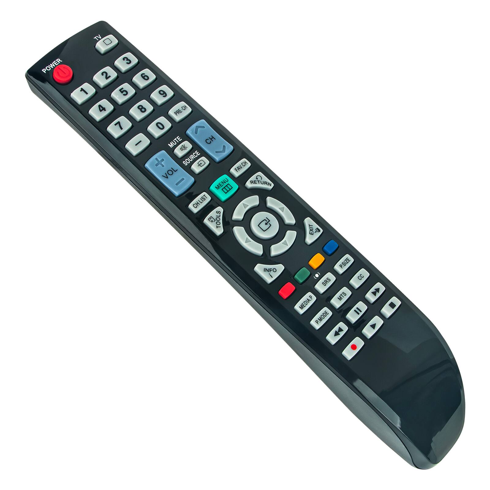 TV POWER 1 2 3 4 5 6 7 8 9 0 PRE-CH CH MUTE VOL + VOL - SOURCE MENU RETURN LIST TOOLS EXIT INFO PSIZE CC SRS MTS MEDIA P = IL P.MODE A V