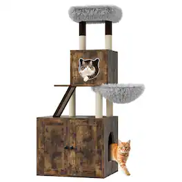 GARVEE - Cat Tree with Hidden Litter Box Enclosure, 2-in-1 Cat Tower Condo with Sisal Scratching Posts - Brown