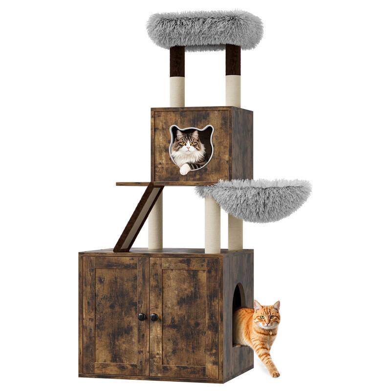 Front. GARVEE - Cat Tree with Hidden Litter Box Enclosure, 2-in-1 Cat Tower Condo with Sisal Scratching Posts - Brown.