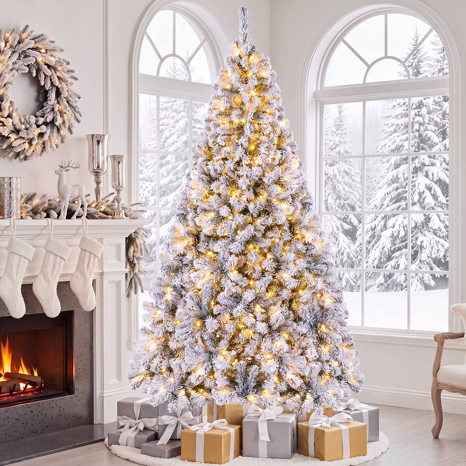 Gymax - 7.5FT Pre-Lit Artificial Christmas Tree w/ 450 Warm LED Lights Hinge - White