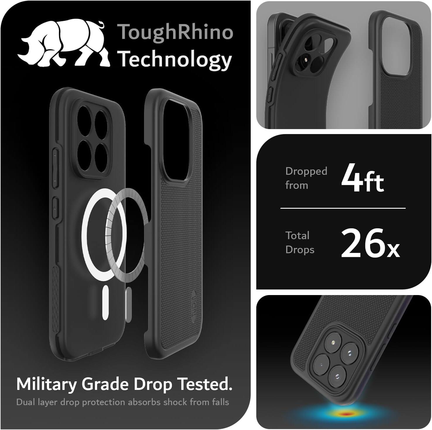 ToughRhino Technology Dropped from 4ft Total Drops 26x Military Grade Drop Tested. Dual layer drop protection absorbs shock from falls