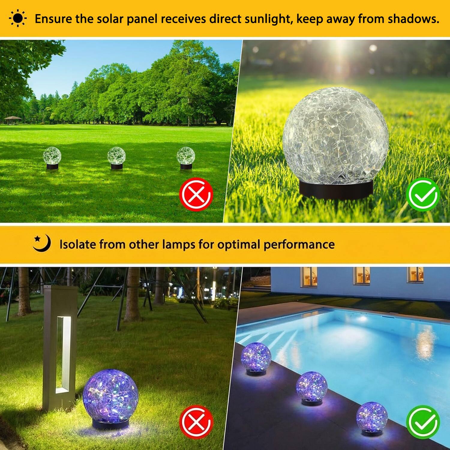 Ensure the solar panel receives direct sunlight, keep away from shadows.  
Isolate from other lamps for optimal performance