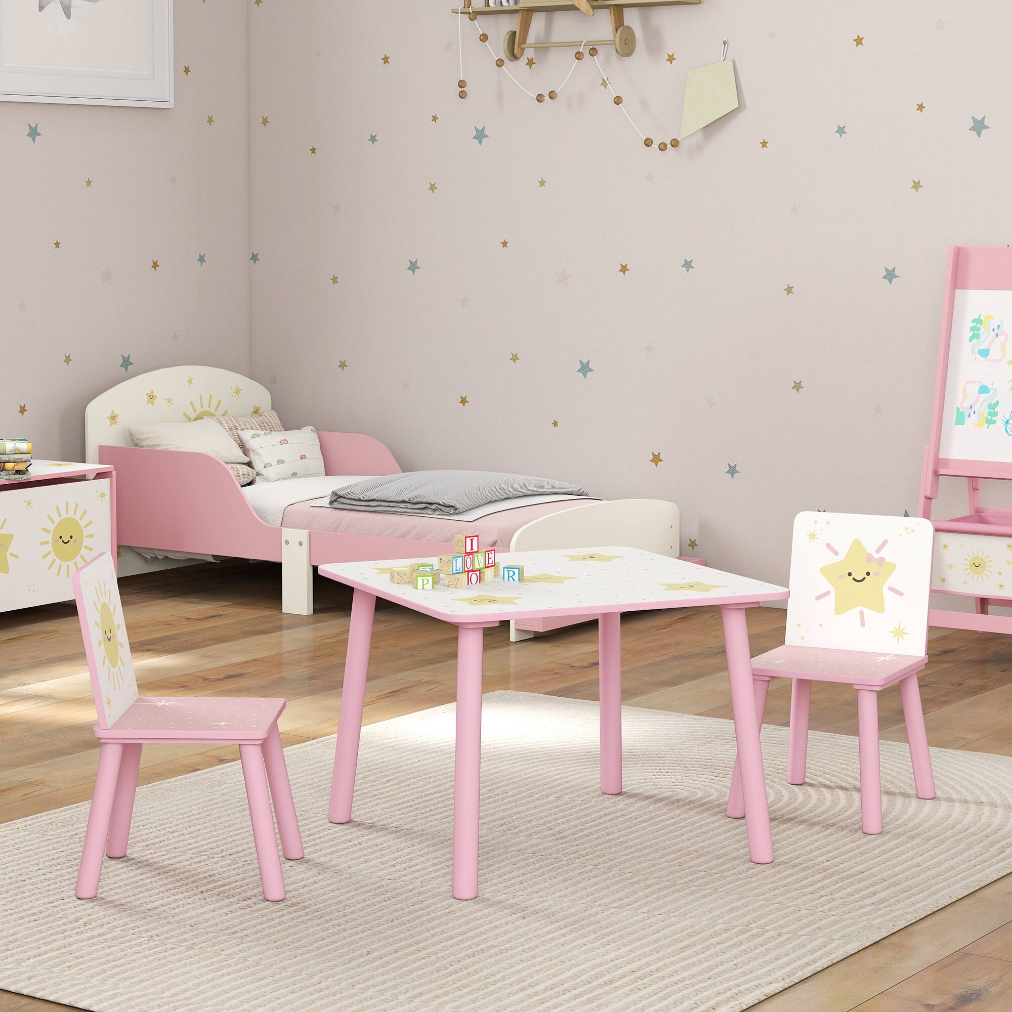 Alt View 5. Qaba - 3-Piece Toddler Table and Chair Set, Kids Set w/Star Pattern, for 3-8, Bedroom, Nursery, Playroom - Pink.
