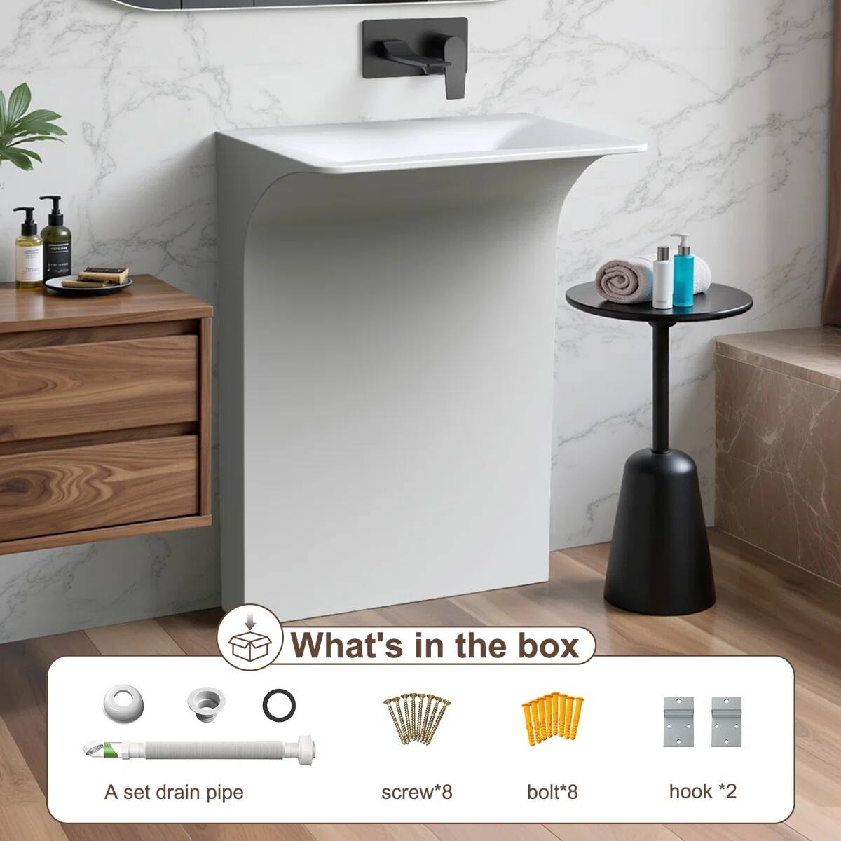 What's in the box:
- A set drain pipe
- Screw*8
- Bolt*8
- Hook*2