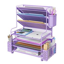 Paradigms Interiors - 7 Tier Desk File Organizer Letter Tray Paper With Pen Holder And Metal Hanging Basket - 7 Tier Purple