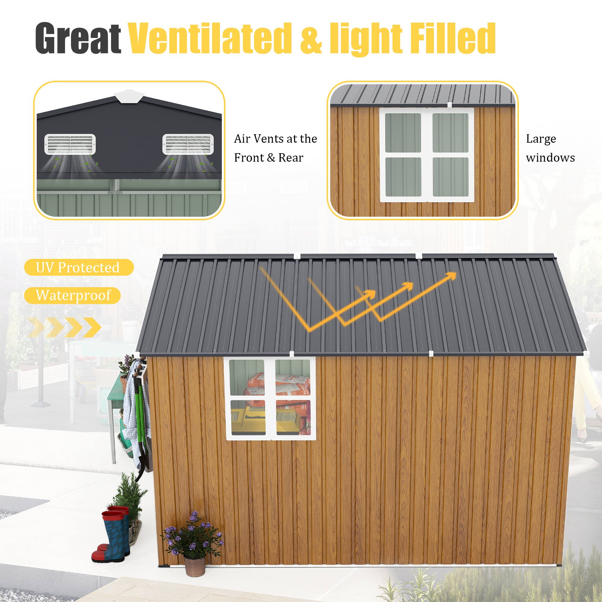Alt View 4. Mondawe - 10x12 Ft Outdoor Storage Shed with Dual-Zone Design for Tools and Firewood and Window - Yellow.