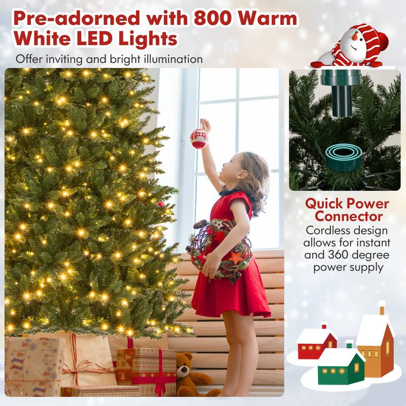 Pre-adorned with 800 Warm White LED Lights  
Offer inviting and bright illumination  

Quick Power Connector  
Cordless design allows for instant and 360 degree power supply