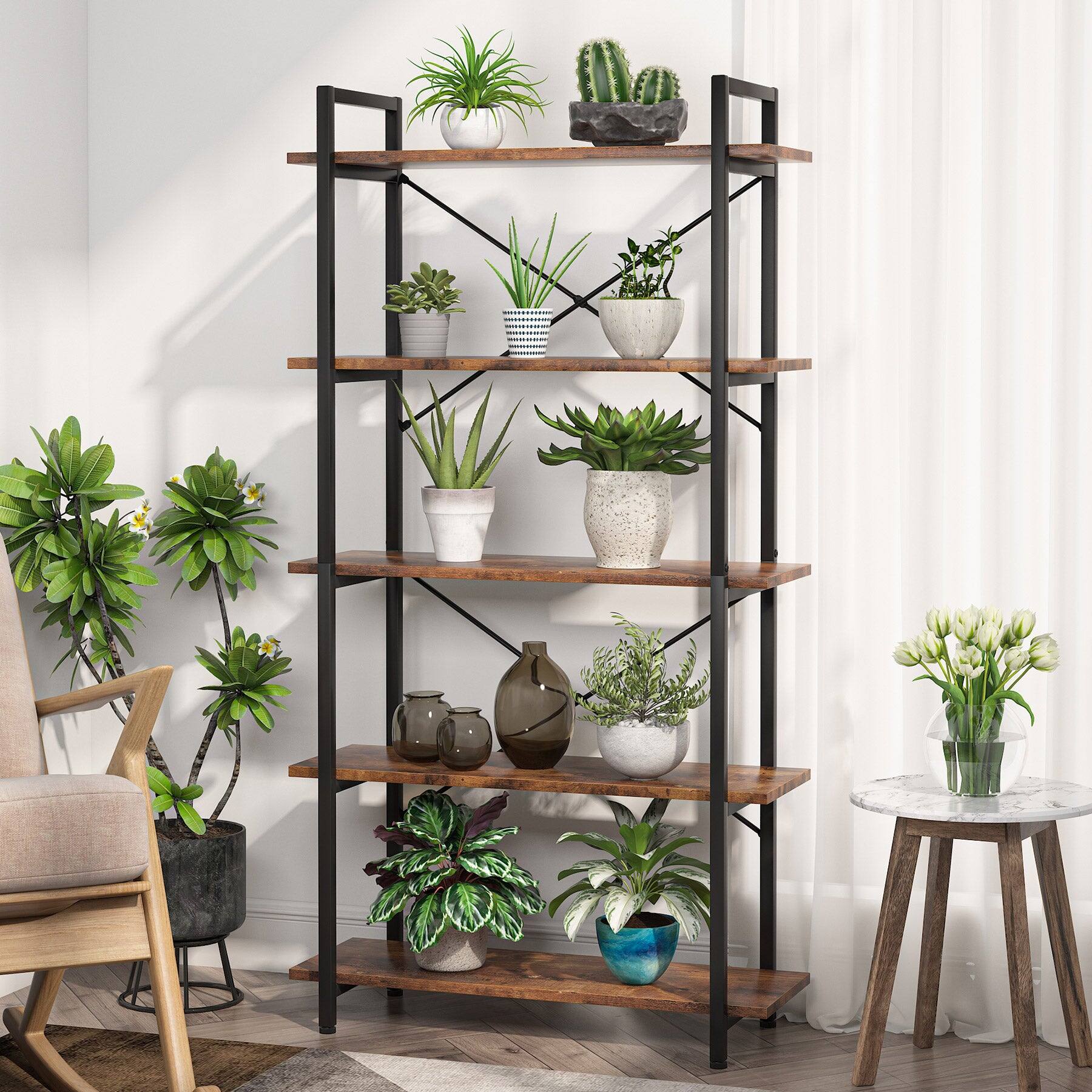 Alt View 1. Tribesigns - Industrial Bookshelf with Engineered Wood Construction and Book and Decor Display for Living Room - Rustic.