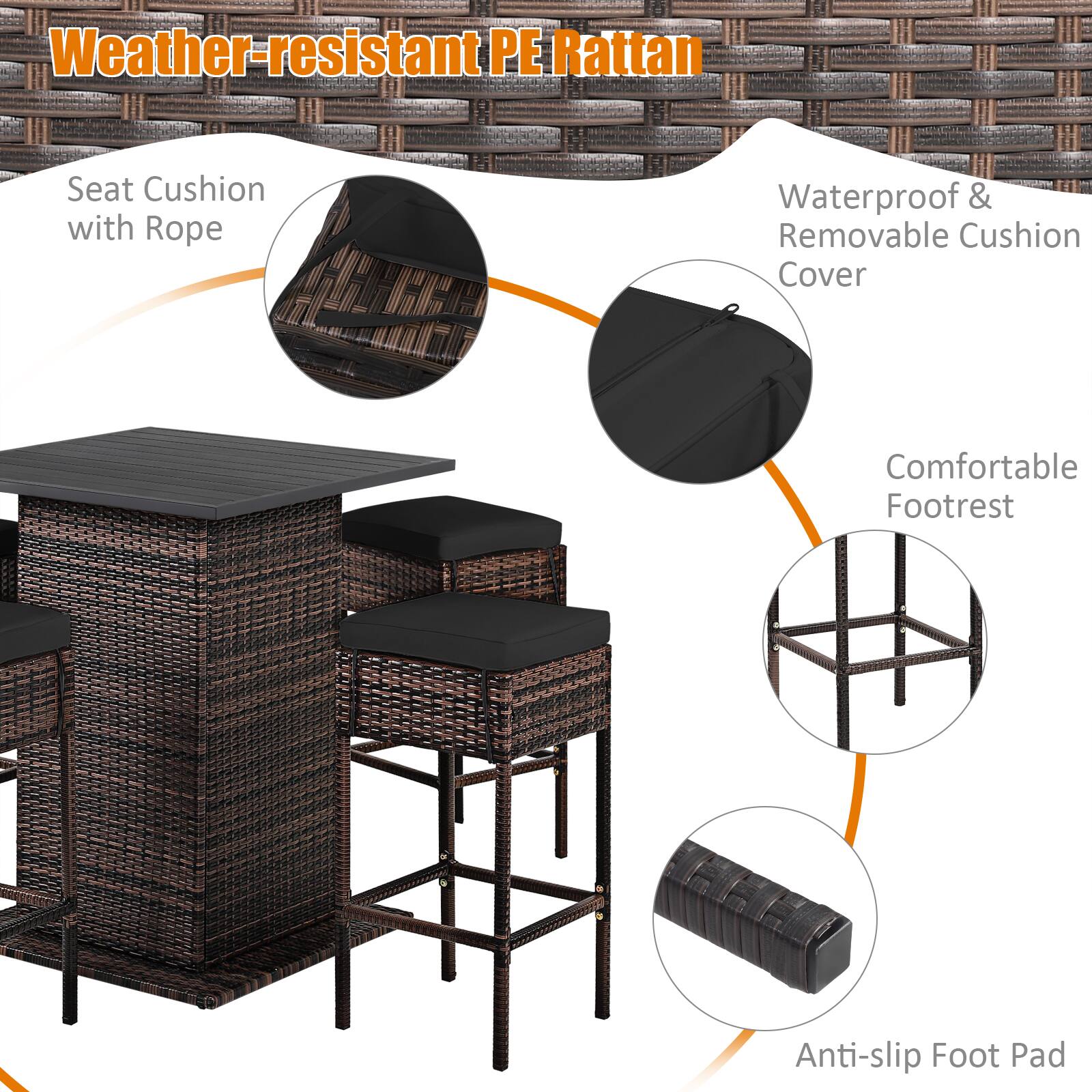 Weather-resistant PE Rattan, Seat Cushion with Rope, Waterproof & Removable Cushion Cover, Comfortable Footrest, Anti-slip Foot Pad