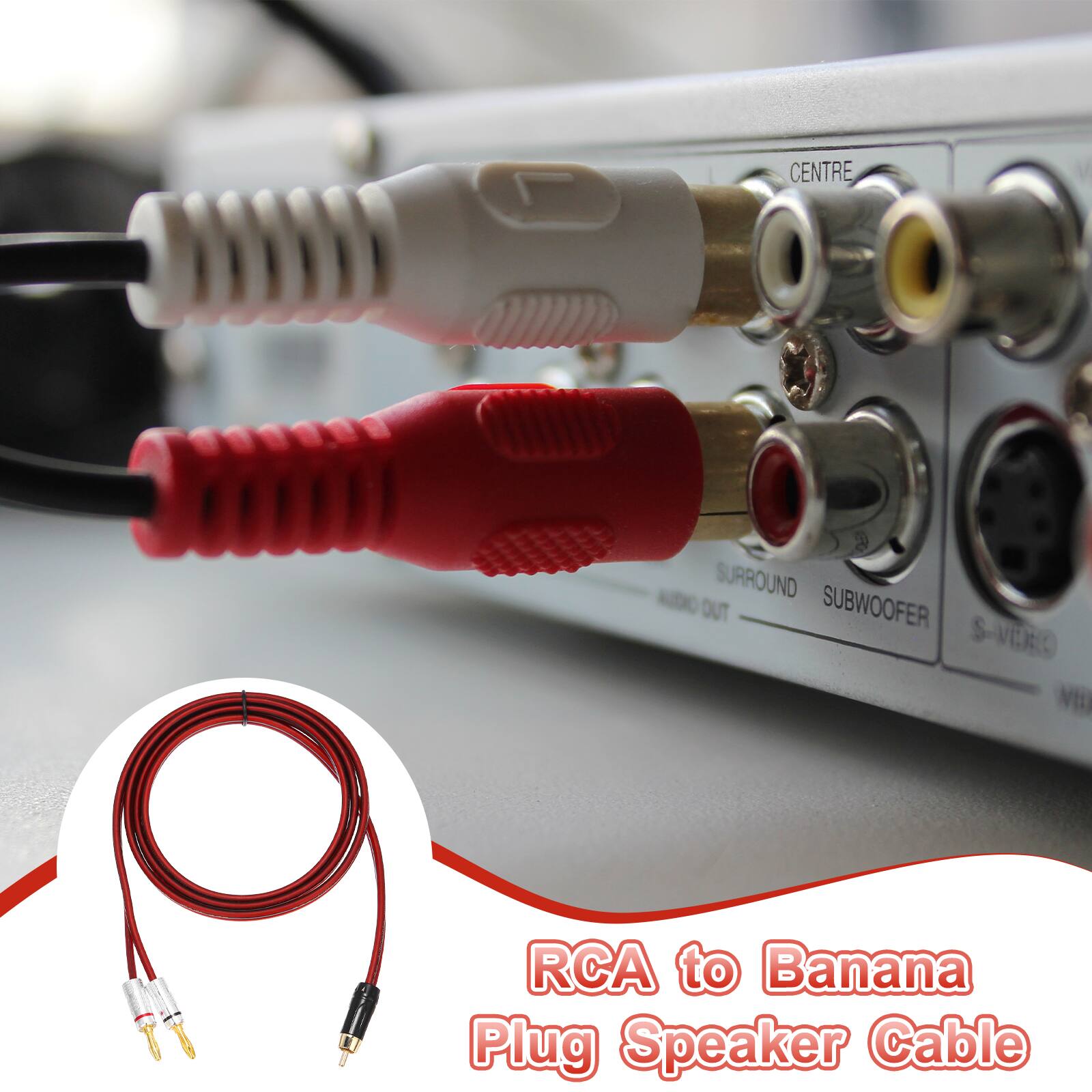 CENTRE SURROUND SUBWOOFER S-VIDEO RCA to Banana Plug Speaker Cable
