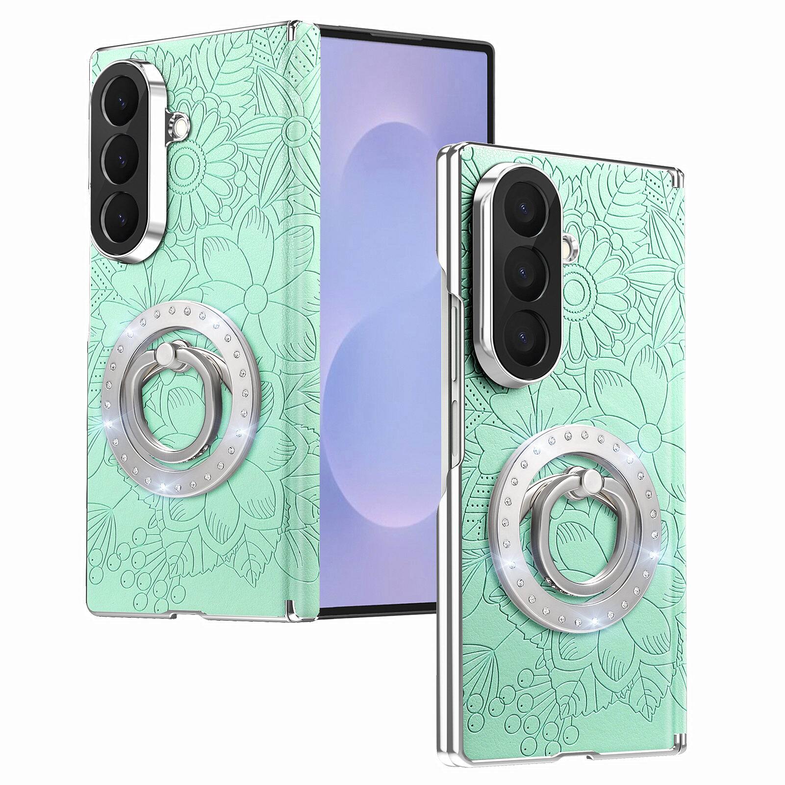 Angle. Dteck - Shockproof Leather Texture Case for Samsung Galaxy Z Fold8 Ultra with Ring Stand, Magnetic Rigid Plastic Hinge Cover - Green.