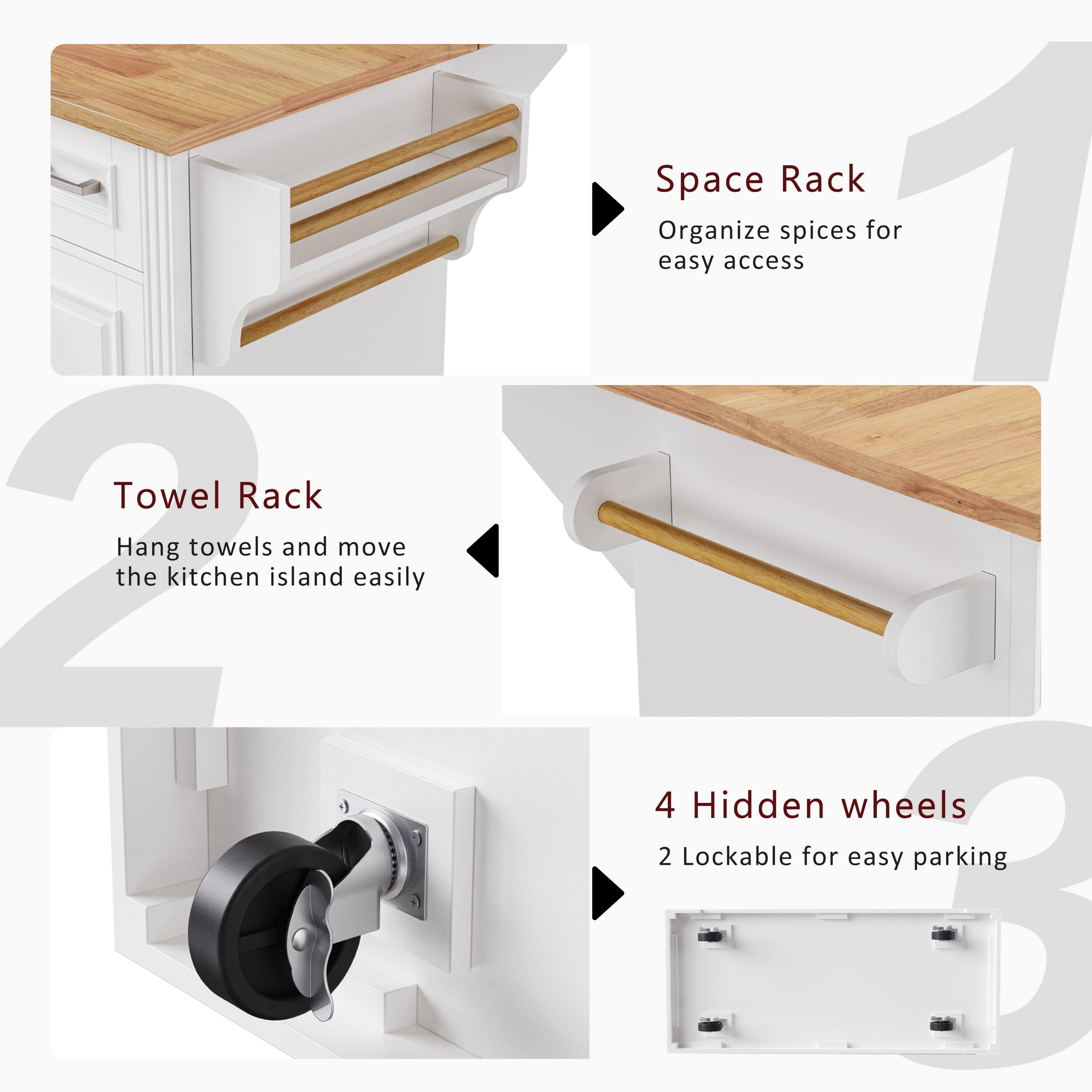 1. Space Rack  
   Organize spices for easy access

2. Towel Rack  
   Hang towels and move the kitchen island easily

3. 4 Hidden wheels  
   2 Lockable for easy parking